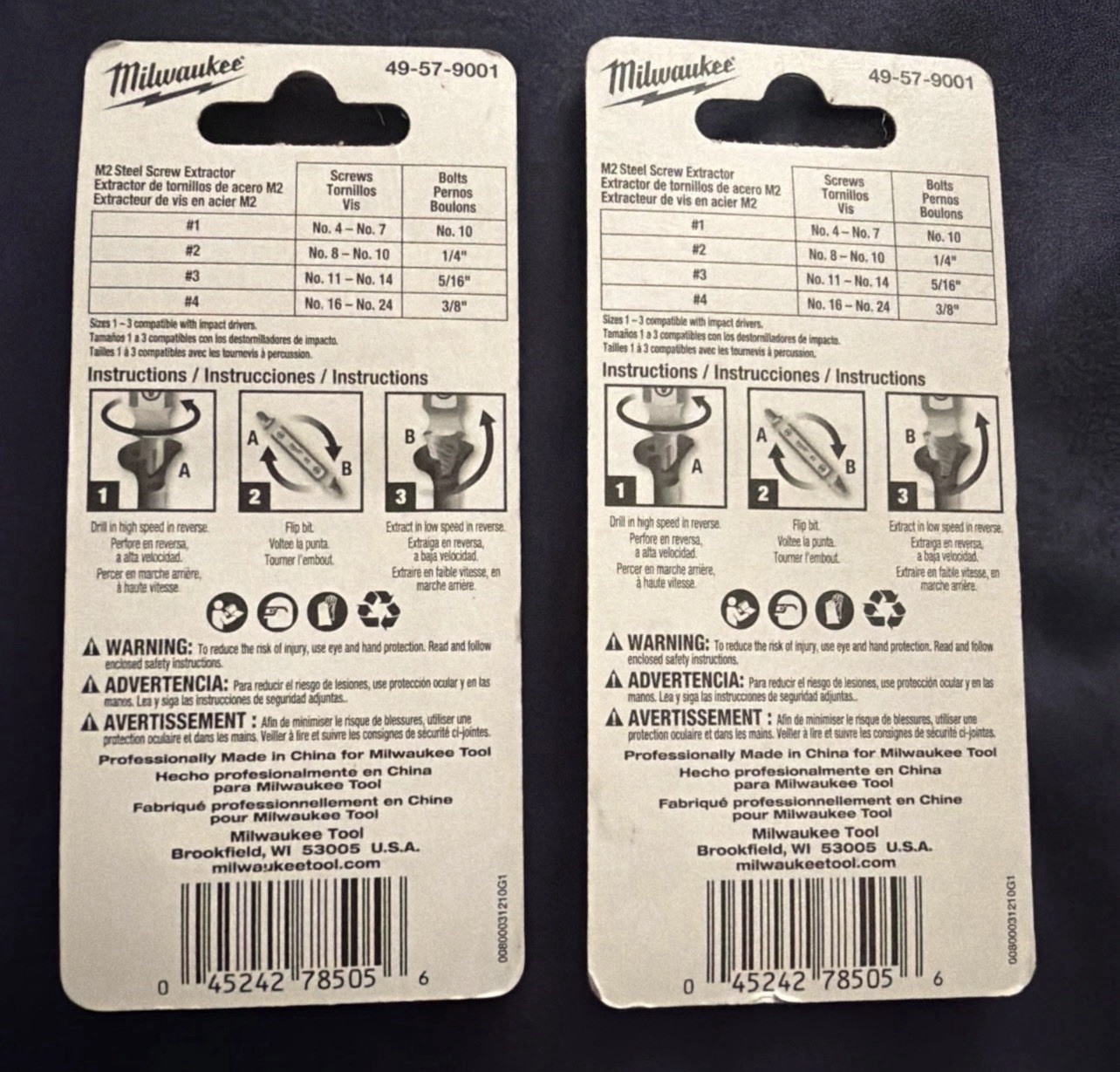 Milwaukee 49-57-9001, M2 Steel Screw Extractor Set (4-Piece Set) Lot Of 2 Packs