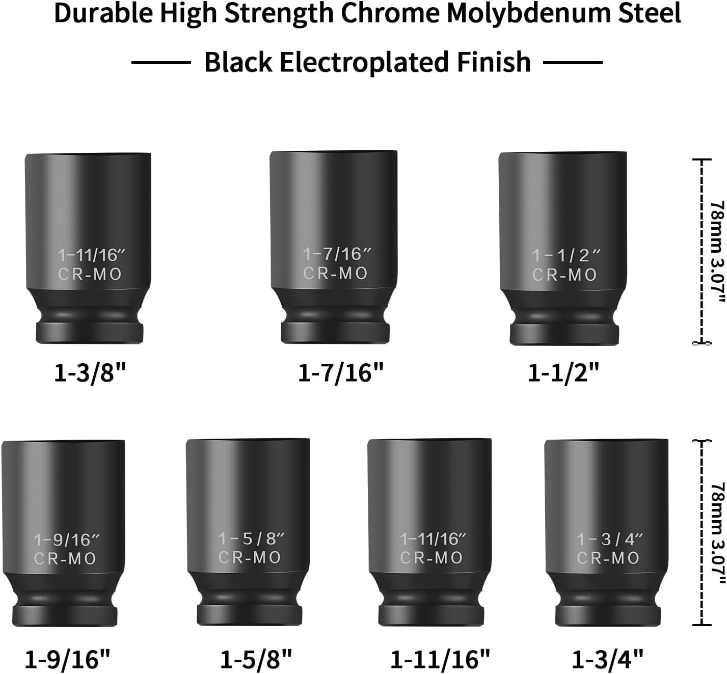 1/2 Inch Drive Deep Impact Socket Set, 6-Point, SAE1/2 Drive 1-3/8″to1-3/4″, …