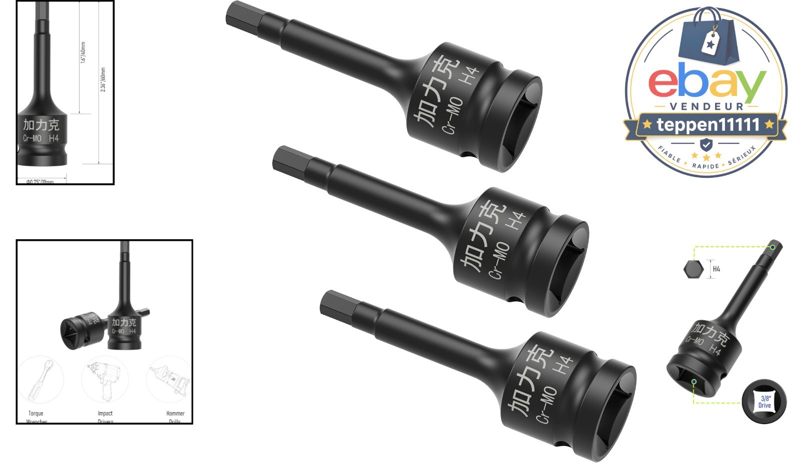 3/8″ Square Drive Hex Bit Socket Set, 3 Pieces, 60mm Length