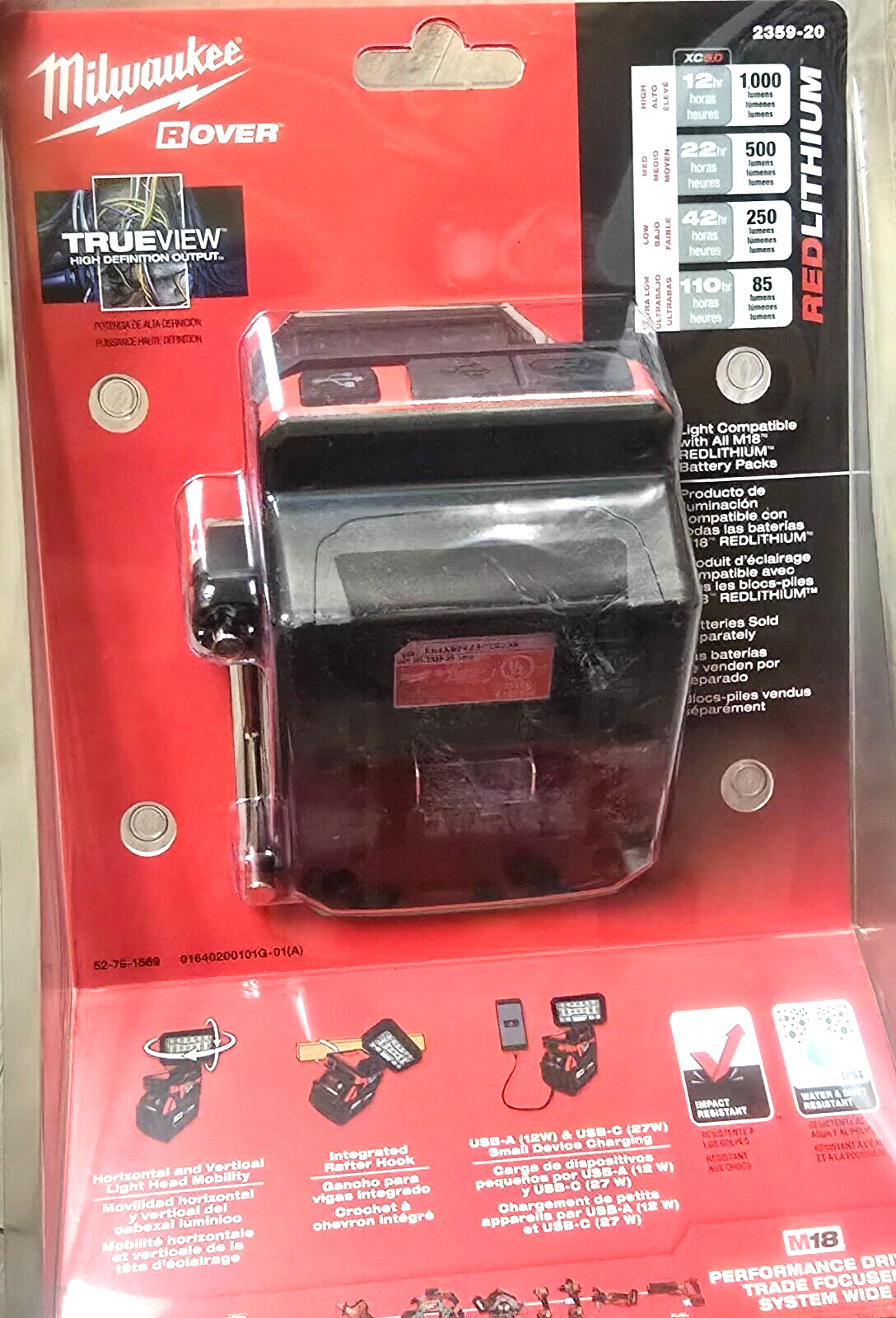 Milwaukee M18 Rover Compact Folding 1000 L Work Light & USB Power Supply 2359-20