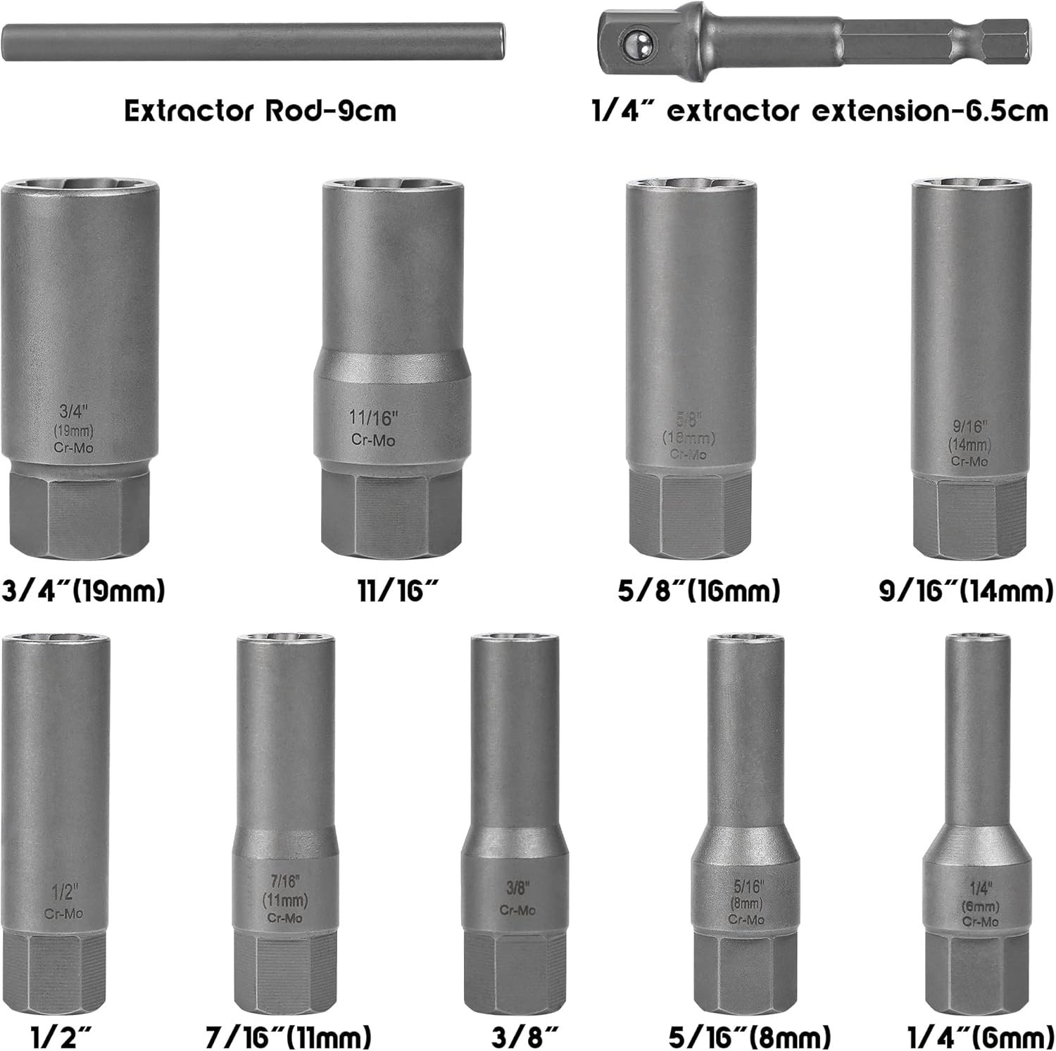 Bolt Extractor Kit for Deep Well Bolt, 11 Pcs Lug Nut Extractor Set, Deep Socket