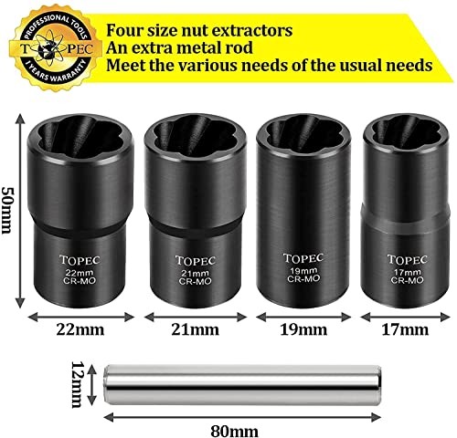 5PCS Lug Nut Extractor Set, 1/2-Inch Drive Wheel Lock Removal Kit, 17-22mm