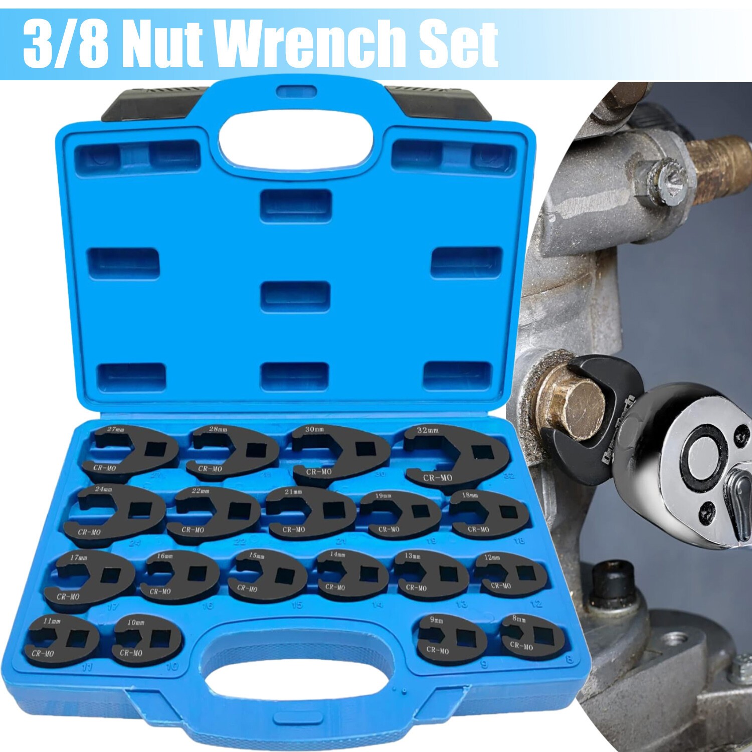 Crows Foot Wrench Set 1/2″ and 3/8” Drive Flare Nut Crowfoot Wrench Set Metric 8