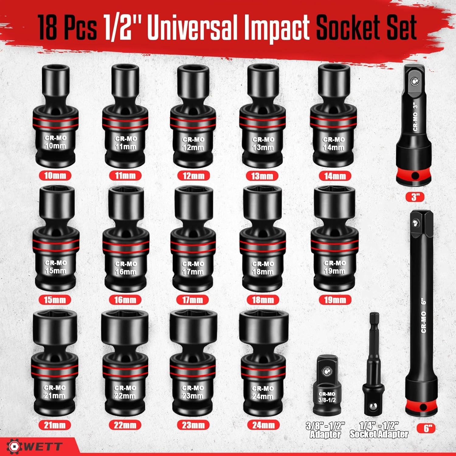 18PCS 1/2 Drive Impact Swivel Socket Set Metric 6 Point Wobble 10-24mm CR-MO