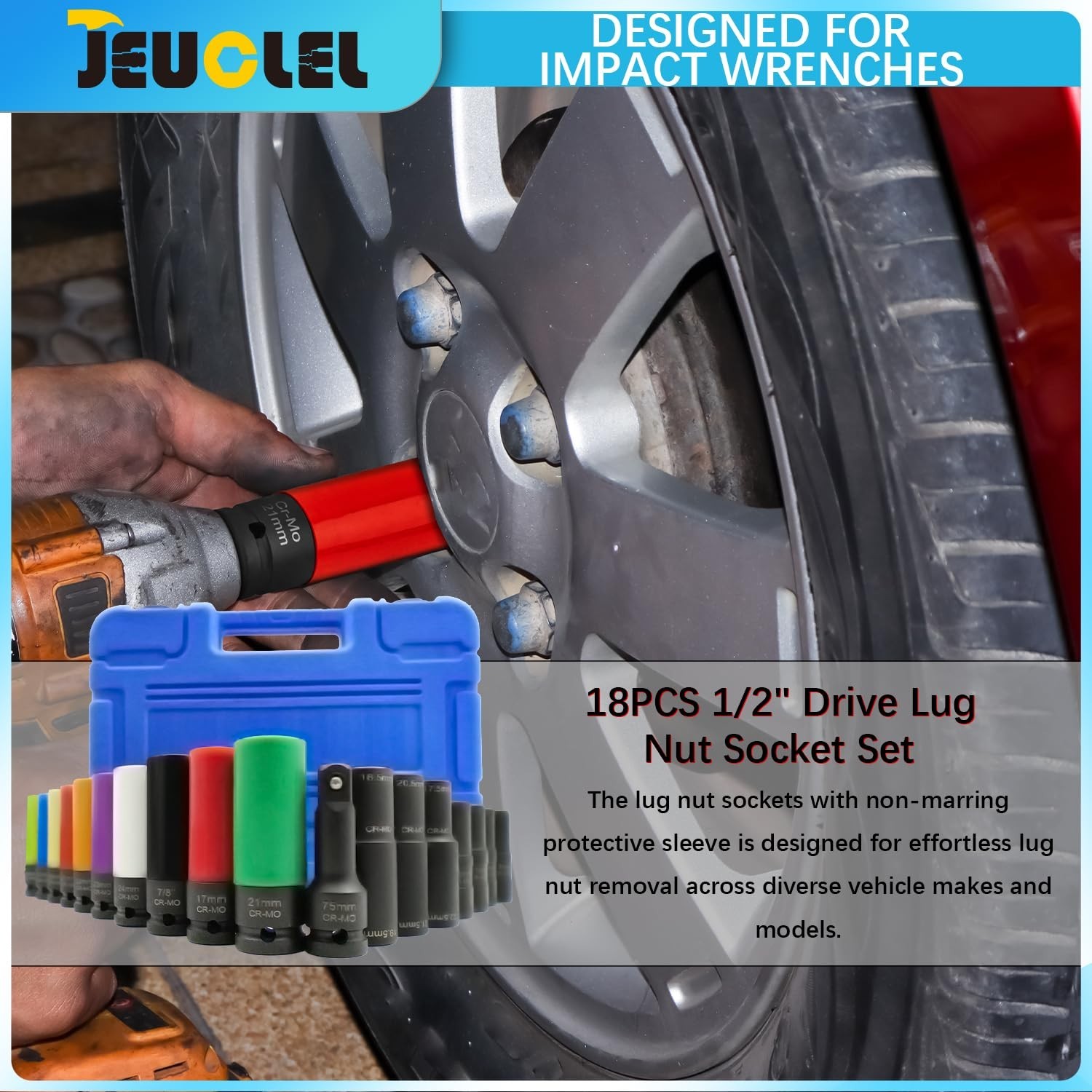 18PCS Thin Wall Lug Nut Socket Set, 1/2″ Drive, 6 & 12 Point, Impact Extension B