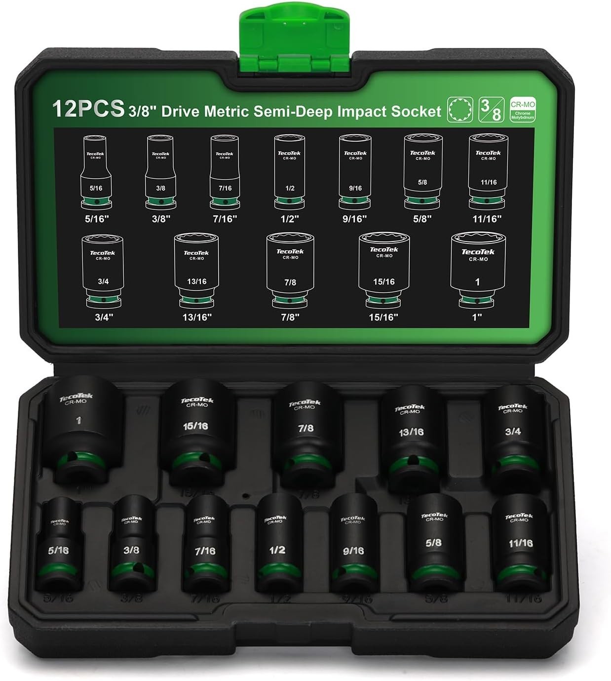 3/8 inch Drive 12-Piece Semi-Deep Impact Socket Set SAE 5/16 to 1 inch Chrome…