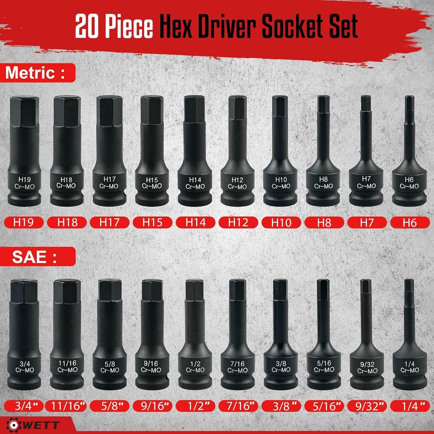 1/2 Drive Master Impact Hex Bit Set 20 Piece Hex Driver Socket Set Allen Bit