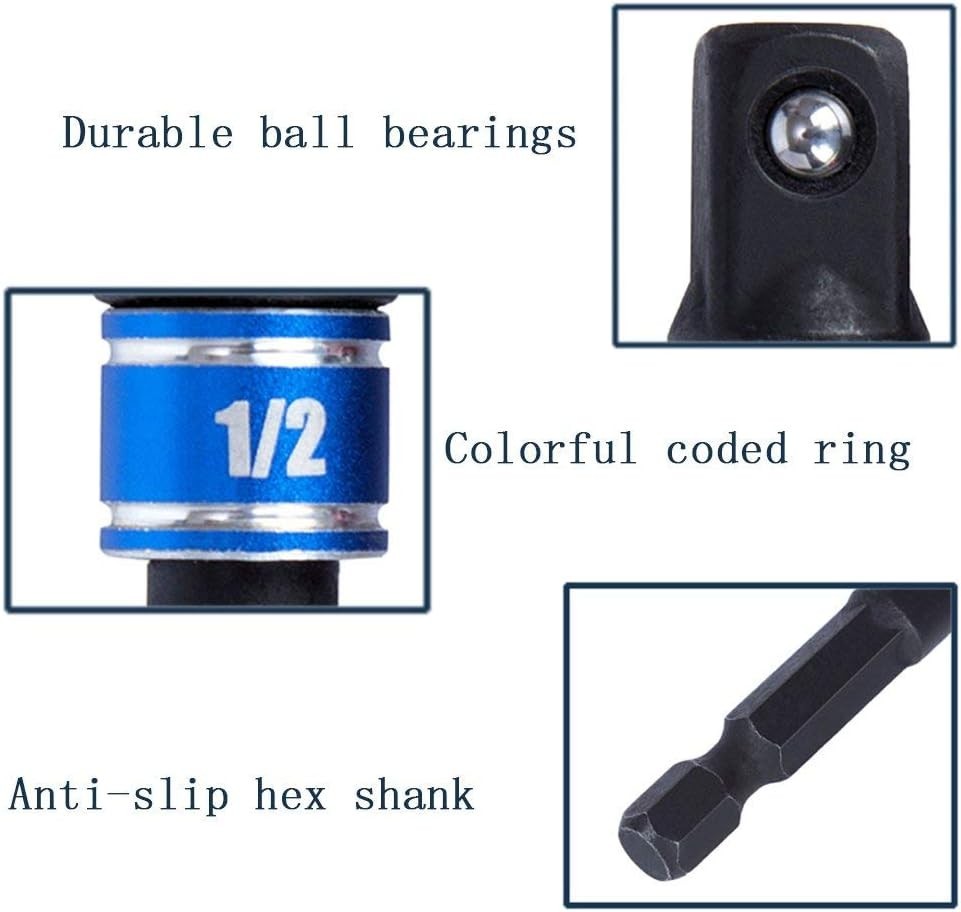 Versatile 1/4, 3/8, 1/2 Inch Hex Socket Adapters with Right Angle Extension Tool