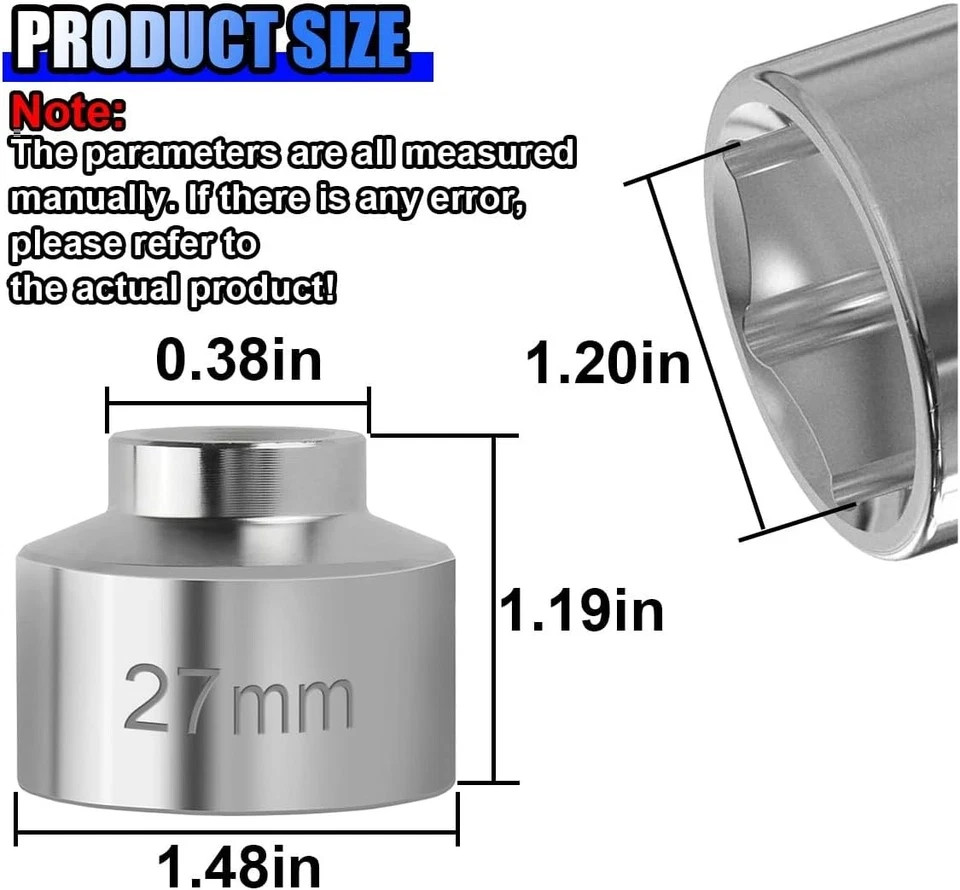 27mm Car Oil Filter Socket Wrench, 3/8″ Drive Filters Cap Wrench 27MM, Silver