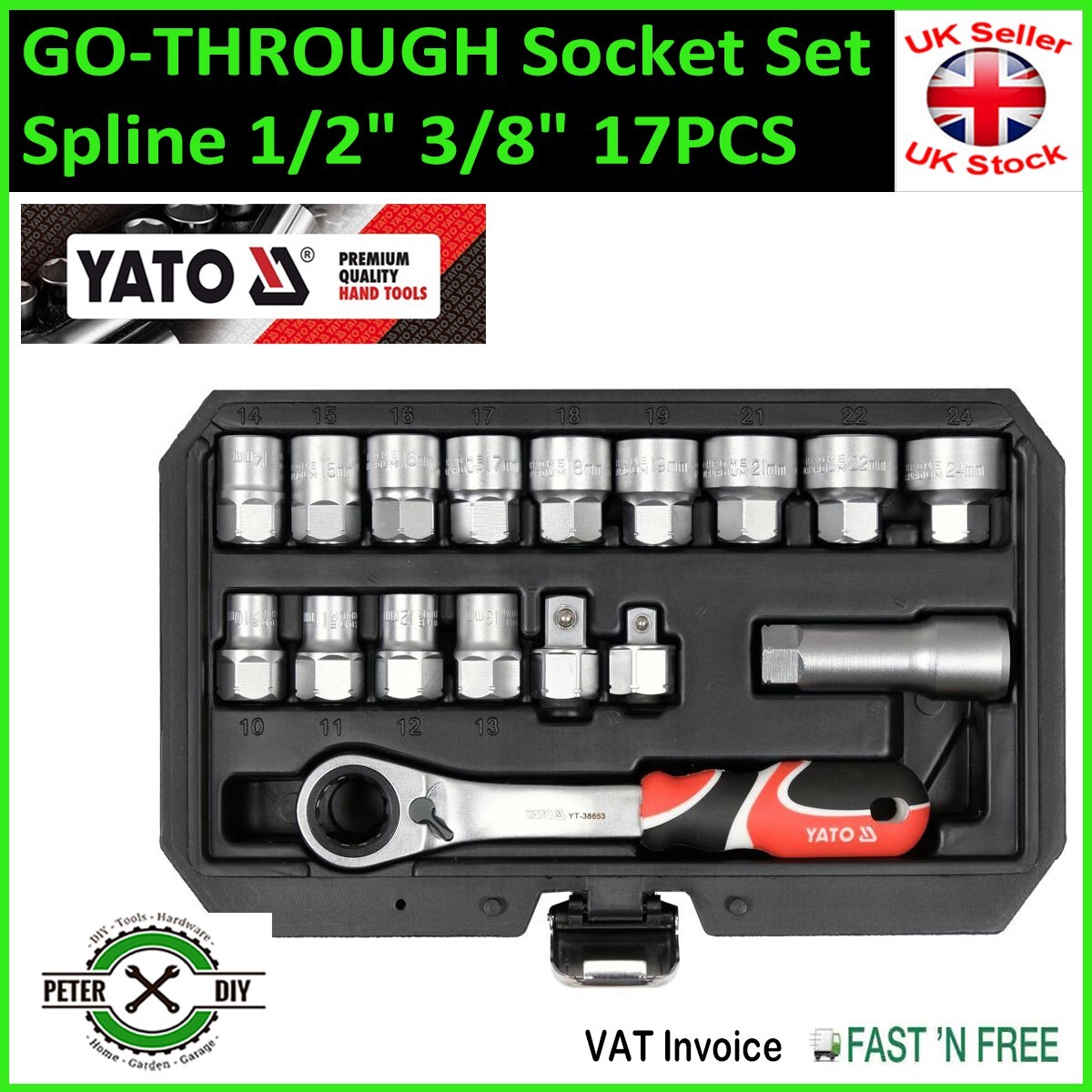 GO-THROUGH Socket Set Ratchet Spline 1/2″ 3/8″ Double Hex 17 PCS YATO YT-38653