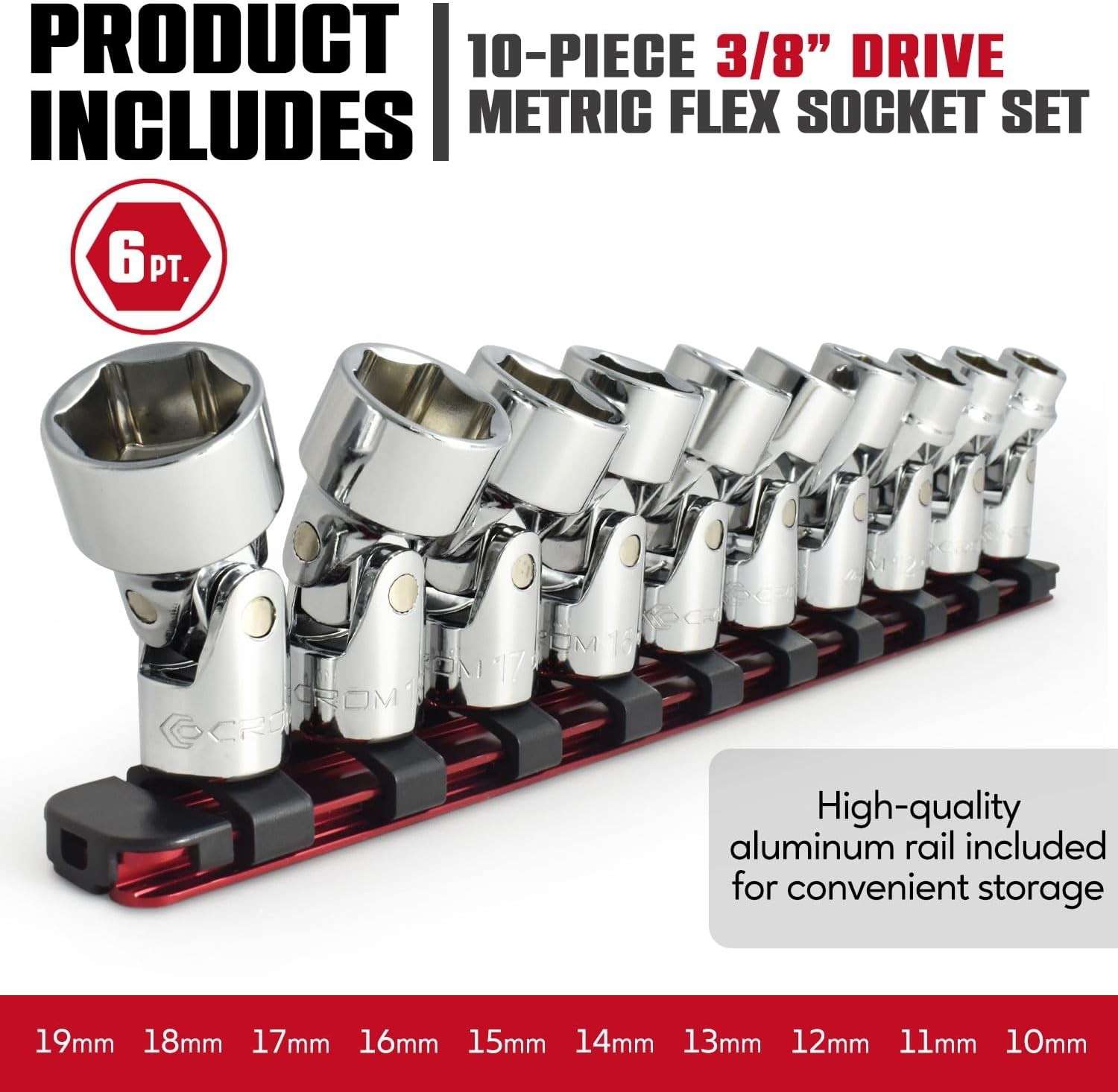 10pc 3/8″ Drive Metric Flex Socket Set 10–19mm 6-Point Swivel w/ Rail