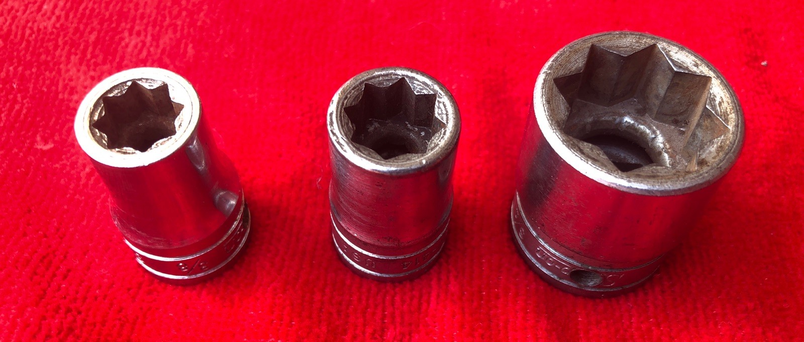 Three 1/2 Inch Drive Snap-On 8 Point/Double Square Sockets 3/8, 7/16 & 3/4 Inch