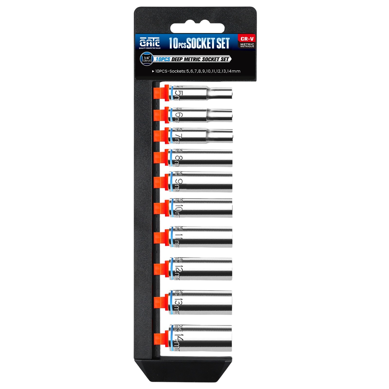 10PCS 1/4” Drive Deep Metric (5mm-14mm) Socket Set, 6-Point, Cr-V Steel