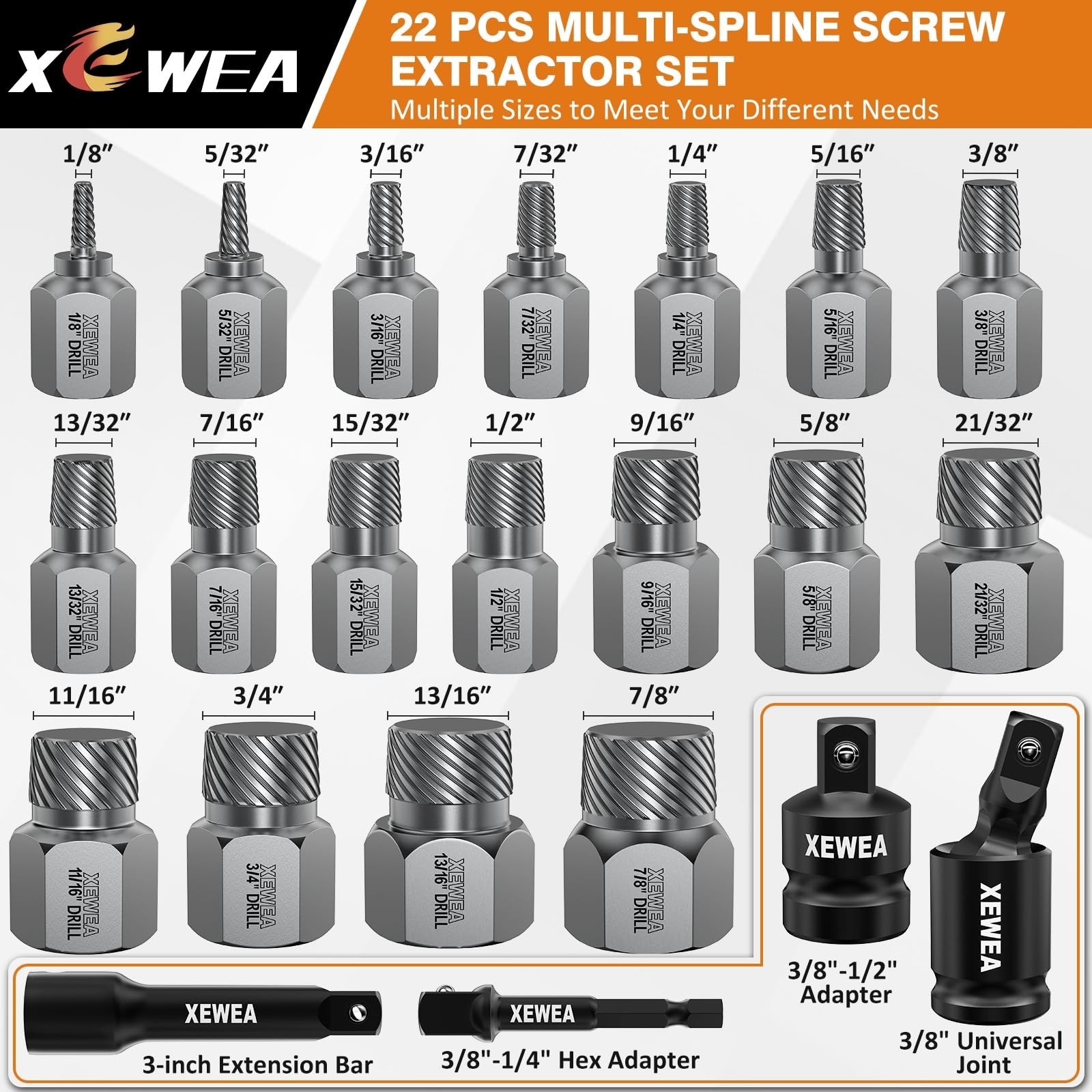 22PCS Heavy-Duty Screw Extractor Set – Multi-Spline Bolt Remover Kit for Strippe