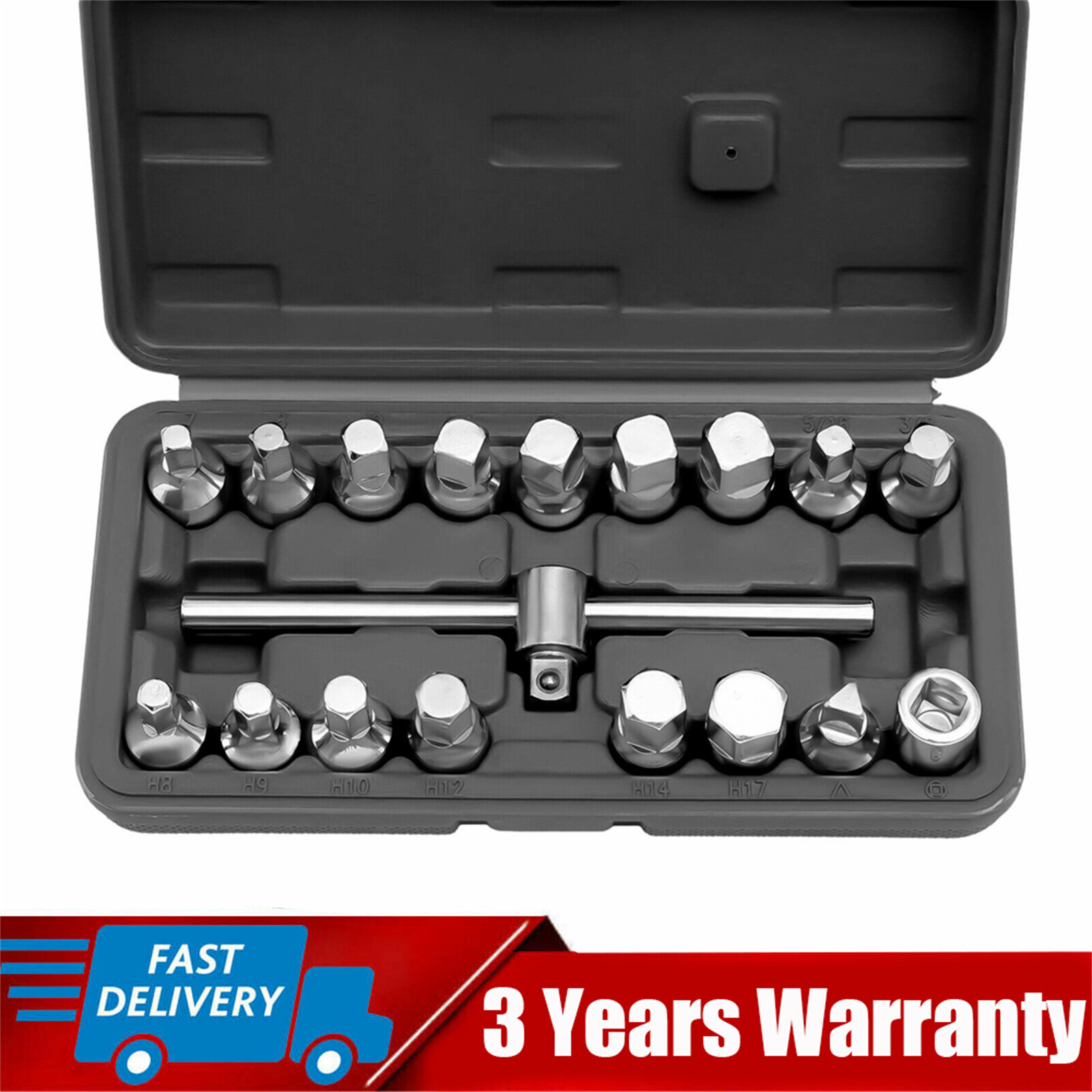 Oil Drain Pipe Plug Hexagon Square Socket Key Removal Tool Set 18Pcs 3/8»Drive