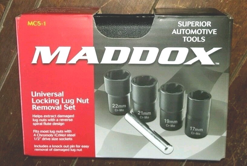 Maddox Universal Locking Lug Nut Removal Set: 17mm, 19mm, 21mm & 22mm #58535