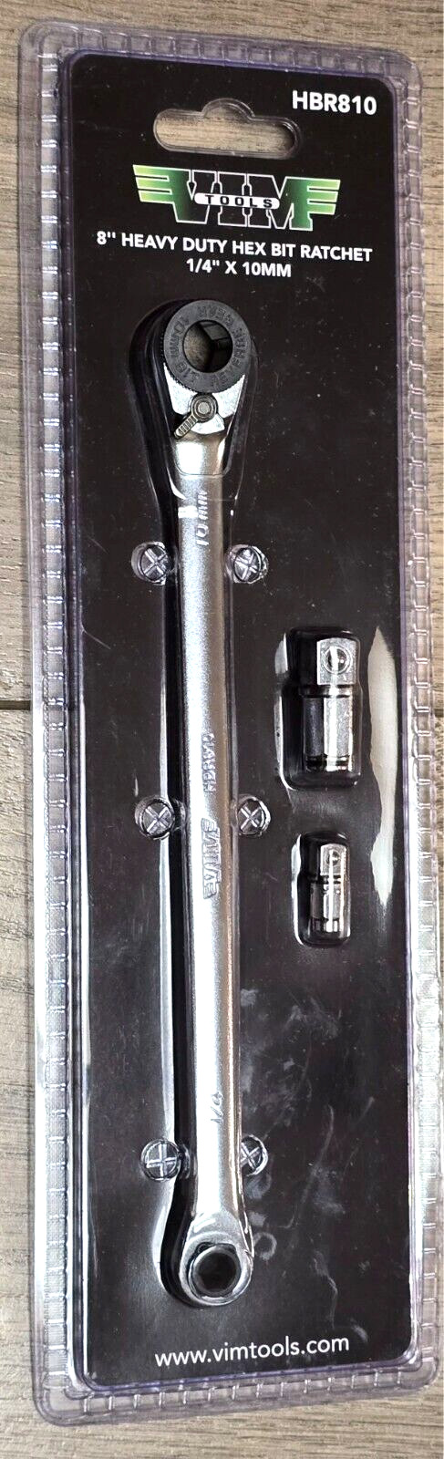 Vim Tools 1/4 & 10mm Hex Dual Ratchet Wrench w/1/4 & 3/8 dr Adapters #HBR810