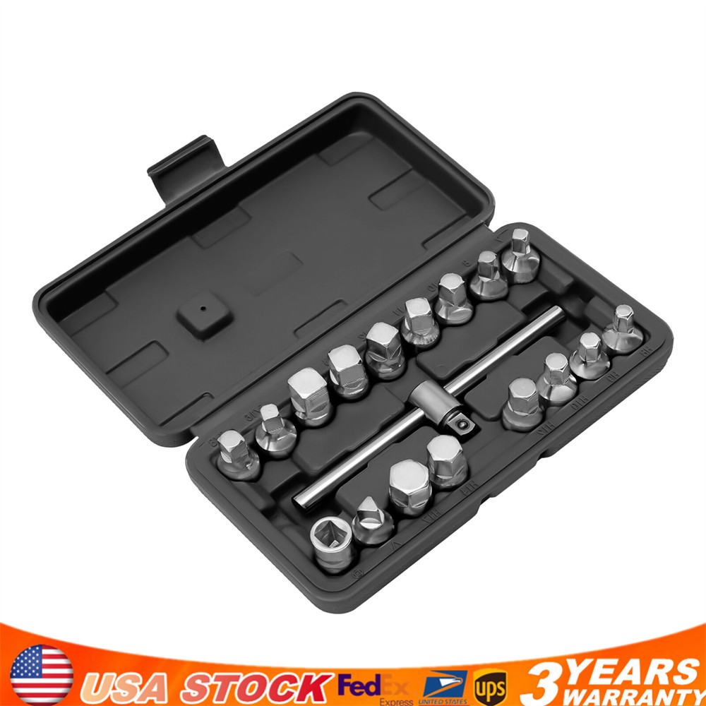 18PCS Oil Drain Pipe Plug Square Triangle Socket 3/8» Drive Removal Tool Set