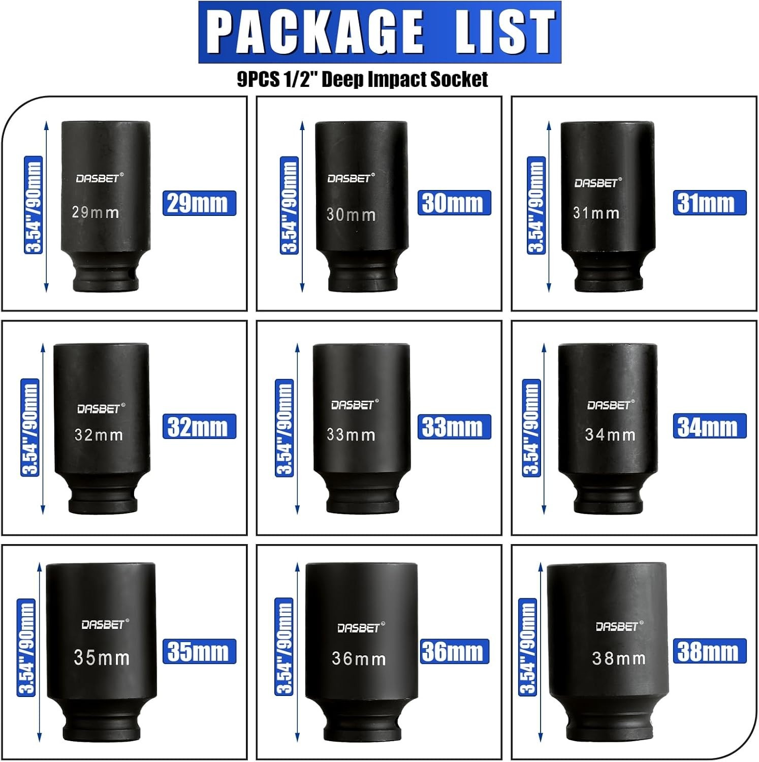 Deep Impact Socket Tool 9Pcs/Set 1/2″ Drive Metric Axle Hub Nut Socket 29-38mm