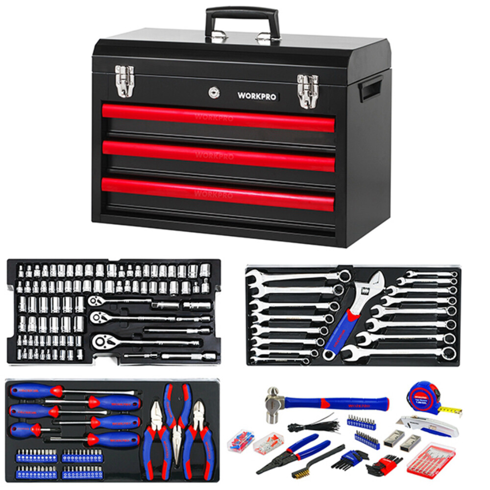 WORKPRO 408PCS Mechanics Tool Set 3Drawer Home Repair Tool Kit Hand Tool Kit Set