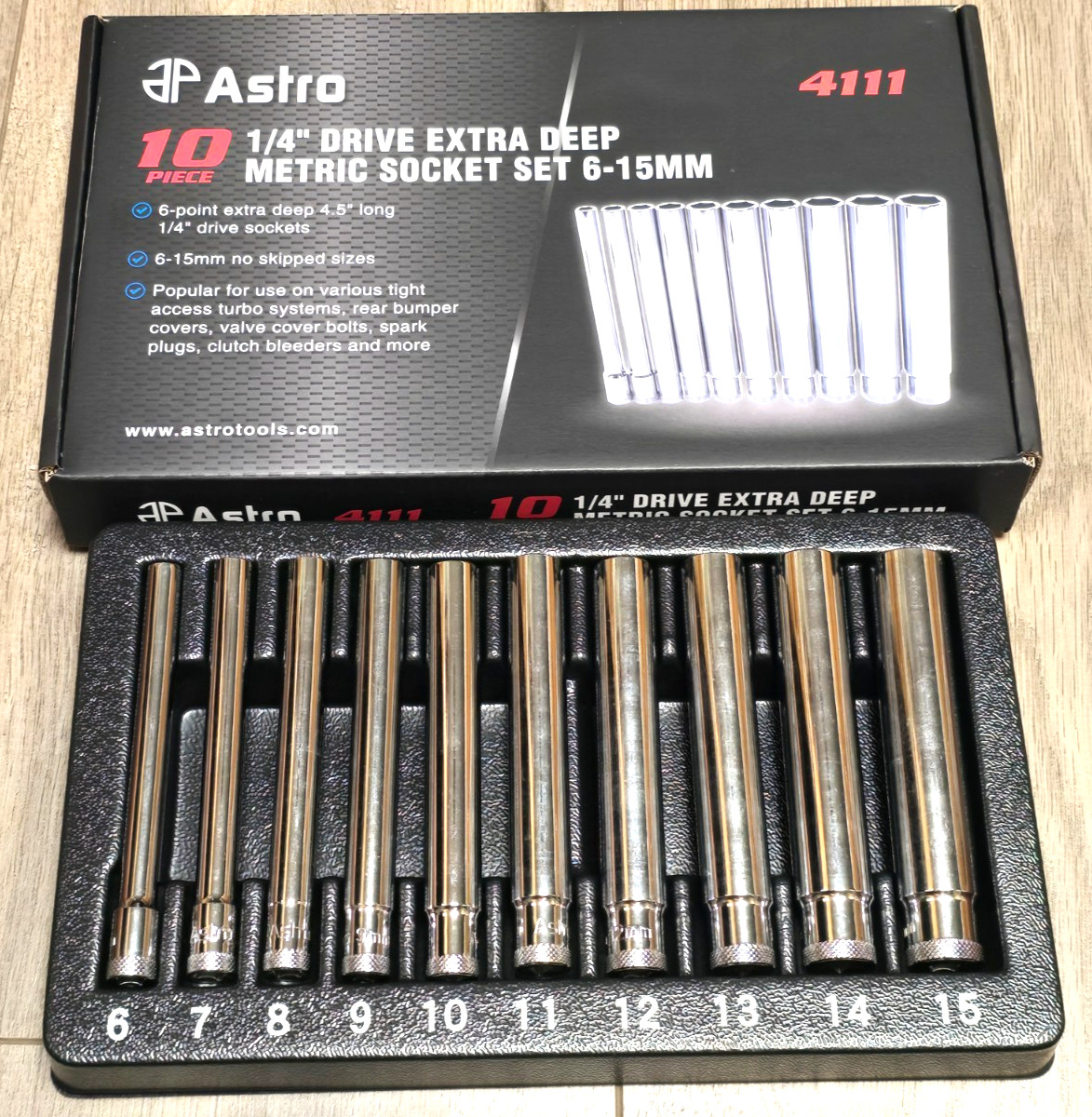 ASTRO 10pc Extra Deep (4.5″ Long) Metric Socket Set 6-15mm, 1/4″ drive #4111