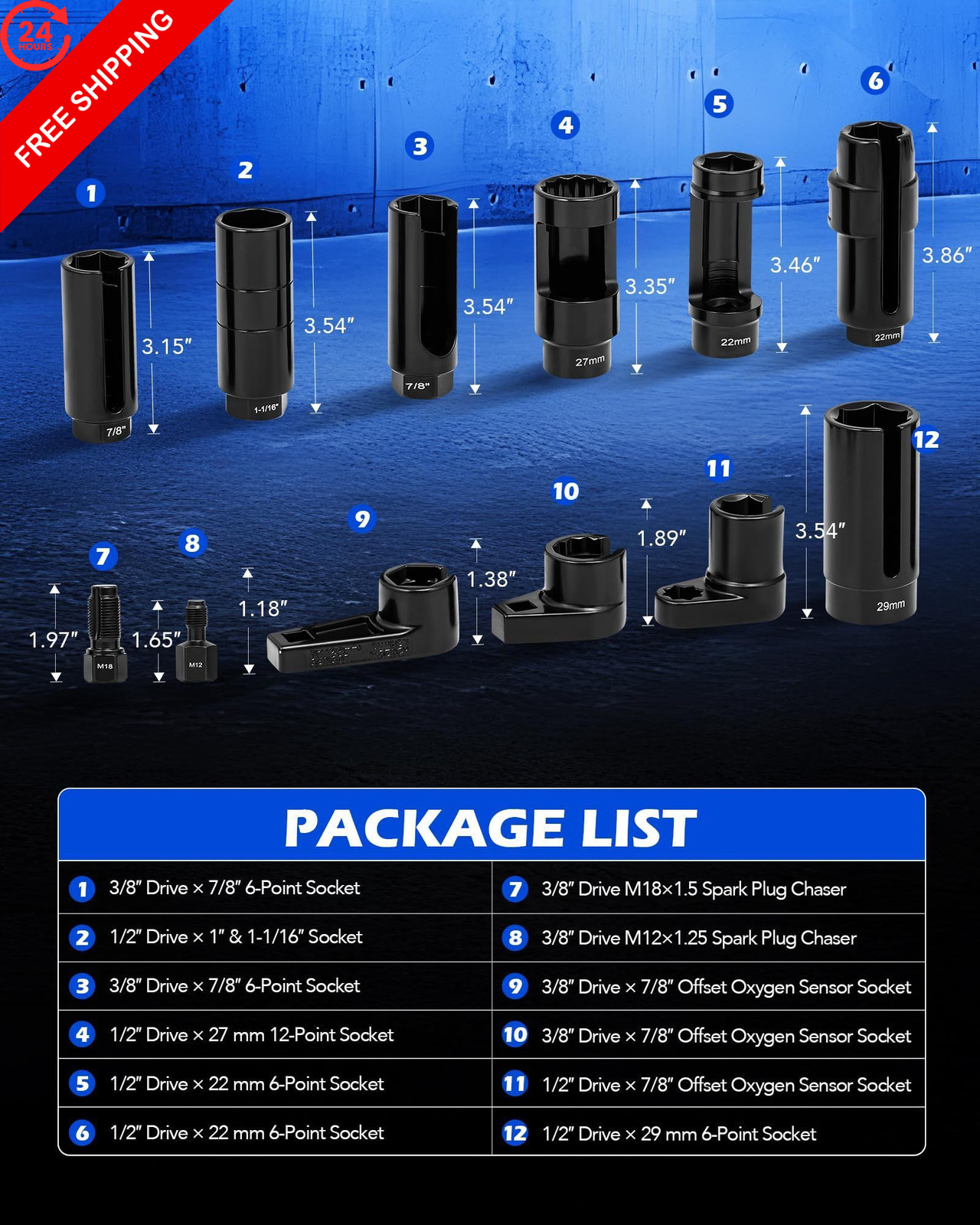Orion Motor Tech 12pc Oxygen Sensor Socket Set, O2 Removal Tool 12 Pcs