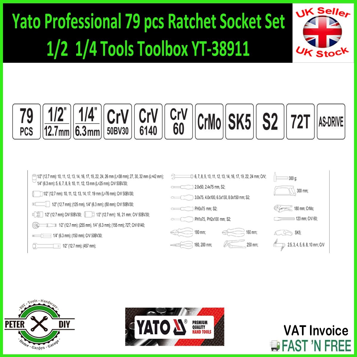 Yato Professional 79 pcs Ratchet Socket Set 1/2 1/4 Tools Toolbox YT-38911
