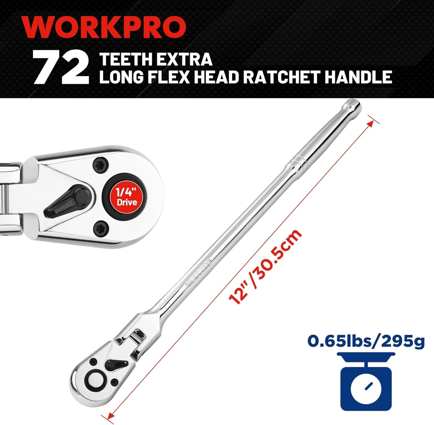 1/4″ Drive 72 Tooth Quick Release Locking Flex Slim Head Ratchet, 12″ – 81030