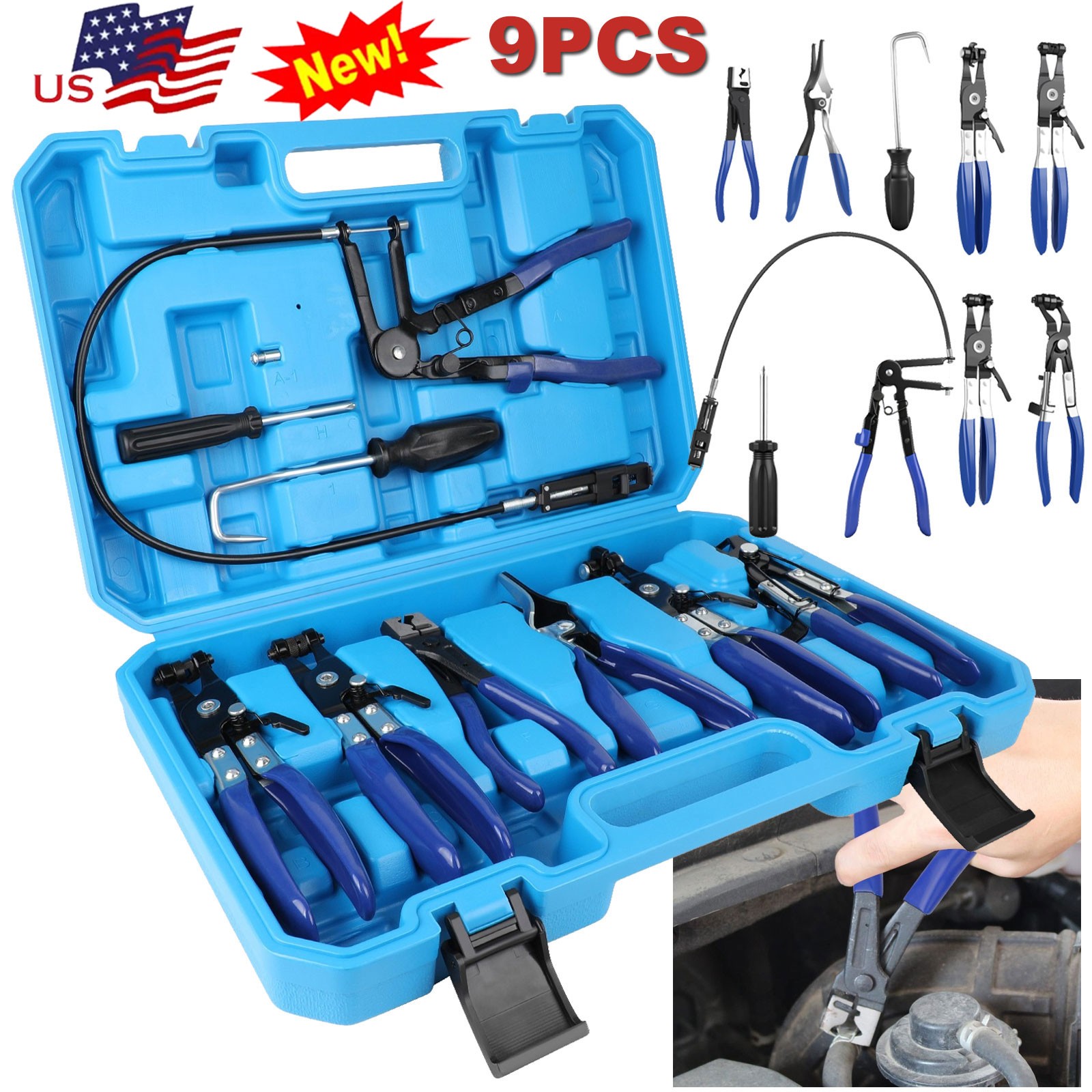 9PCS Hose Clamp Clip Plier Set Swivel Jaw Flat Angled Band Automotive Tool Set