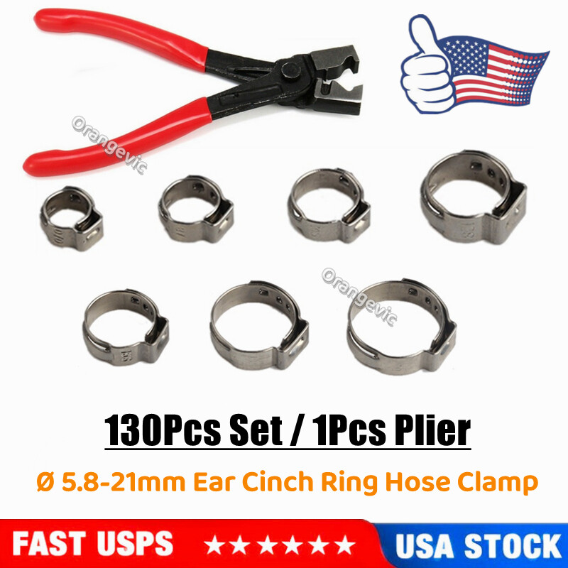 130Pcs Stainless Steel Hose Clamp Set Ear Cinch Rings Crimp Pinch/Plier Assorted