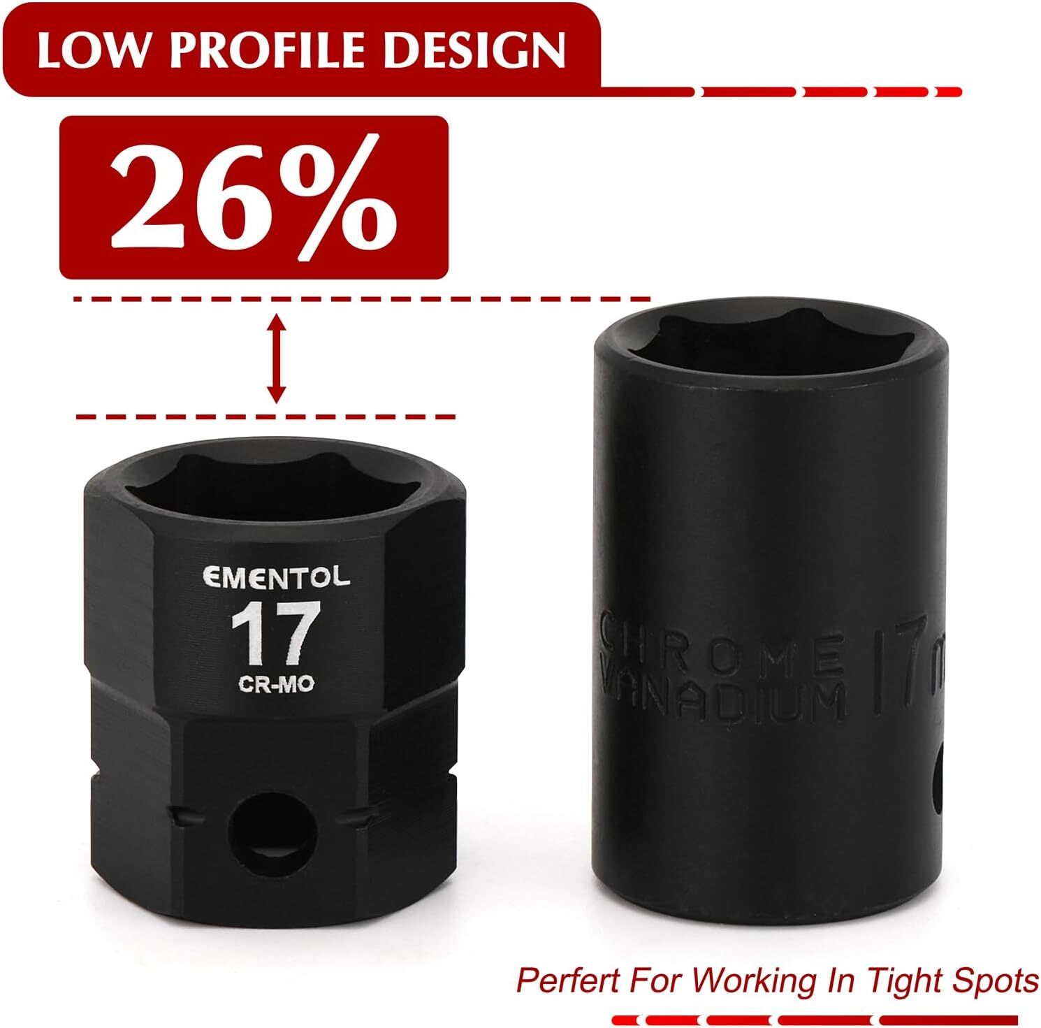 15PCS 1/2″ Drive Low Profile Nano Impact Socket Set Metric 10mm-24mm, CR-MO