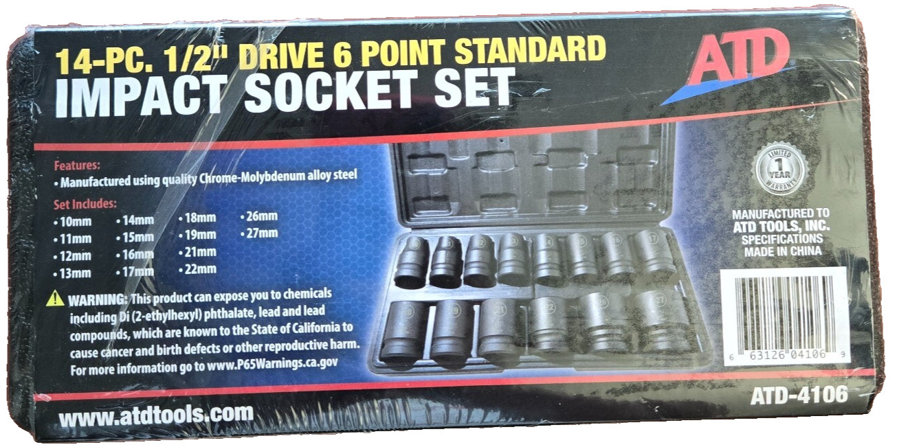 ATD-4106 – 14 Pc. 1/2″ Drive 6 Point Metric Standard Impact Socket Set