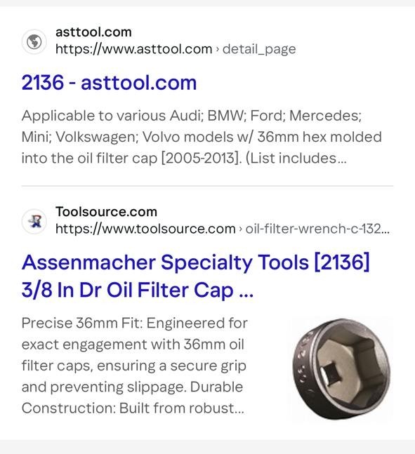 The Assenmacher Specialty Tools (AST) 2136 is a 36mm, 6-point oil filter socket