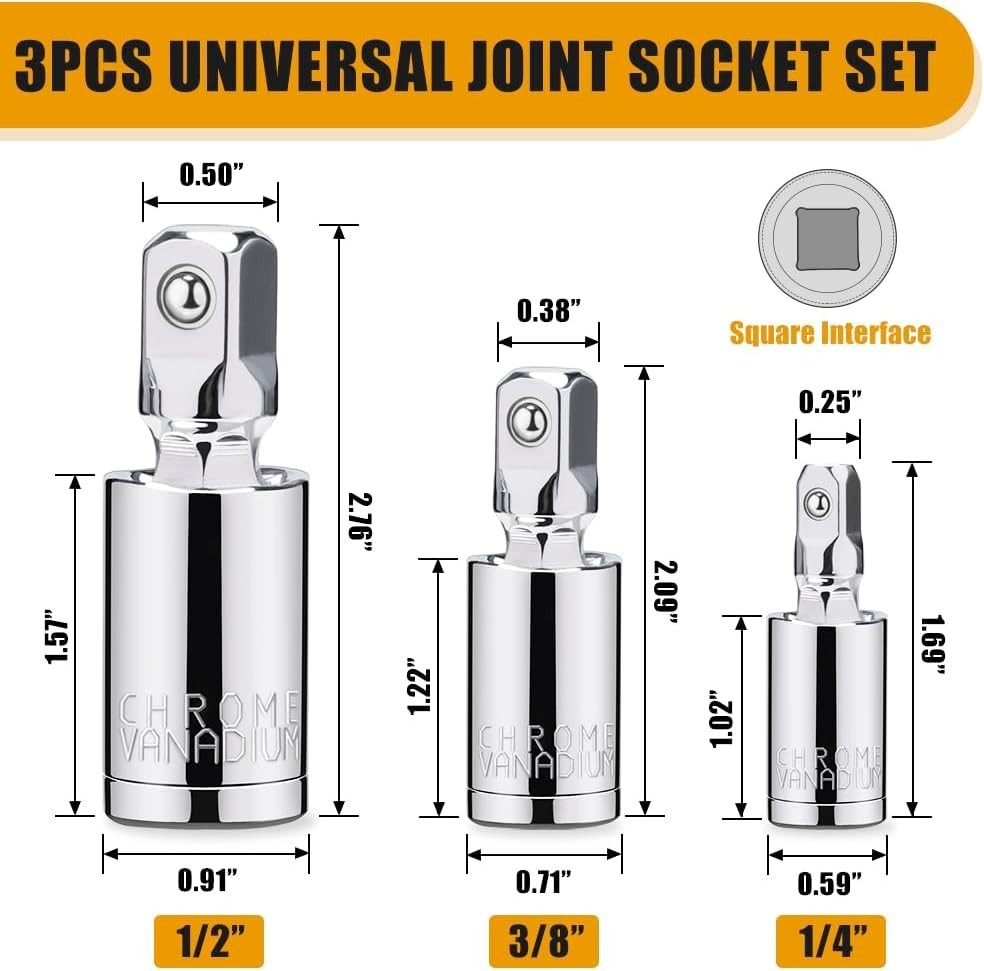 3PCS Impact Universal Joint Swivel Socket Adapter Set 1/4″ 3/8” 1/2″ Drive 360°