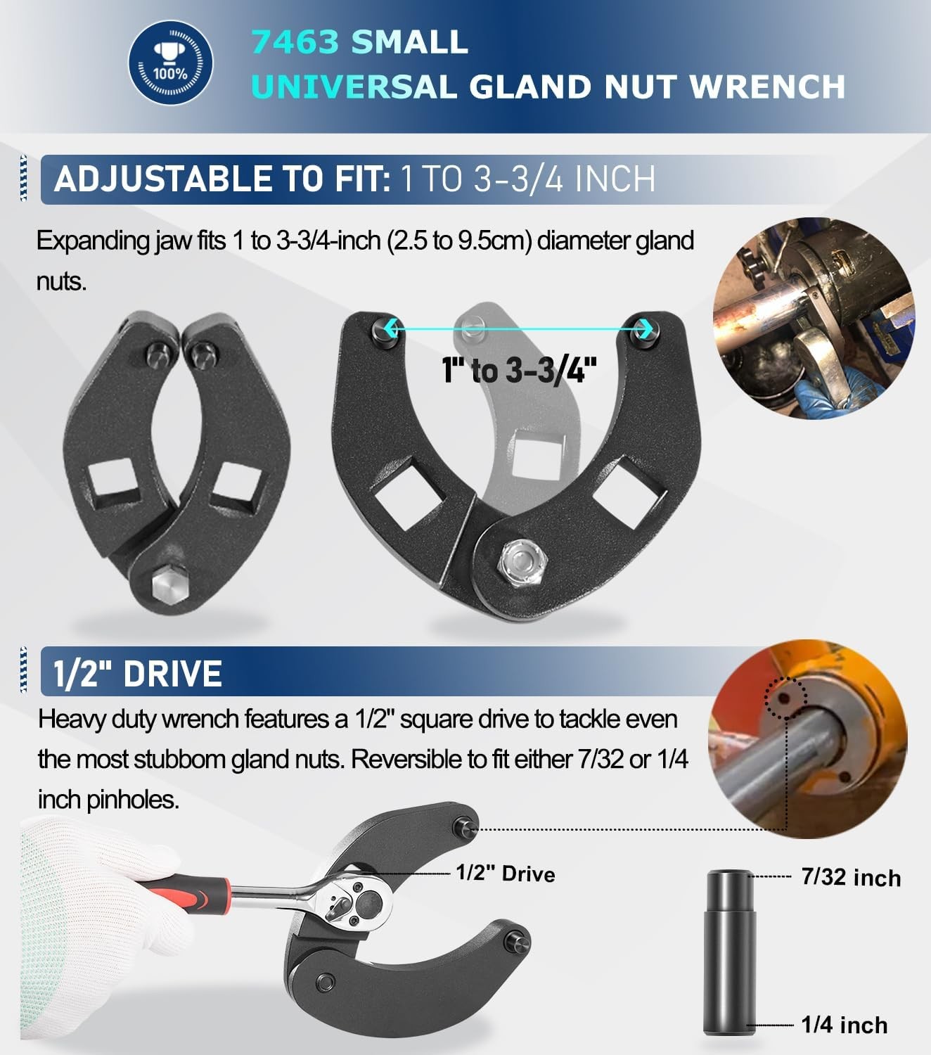 Adjustable Gland Nut Wrench Spanner Tool 7463 For Hydraulic Cylinders 1/2″ Drive