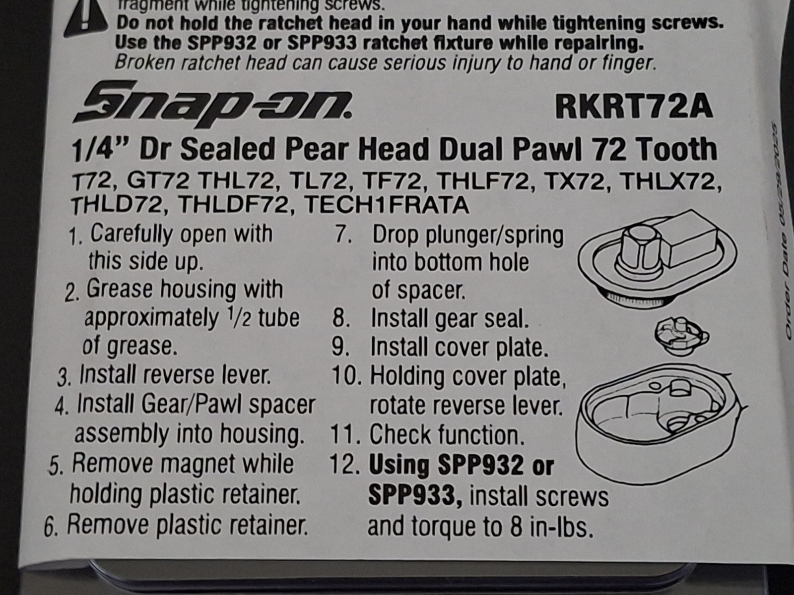 Snap On *New* 1/4″ Drive Dual 80® Technology Ratchet Repair/Rebuild Kit RKRT72A