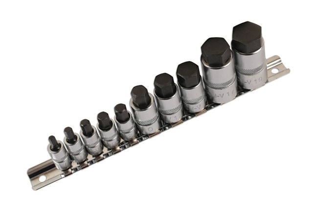 10 Piece Hex Socket Bit Set 1/4″D, 3/8″D, 1/2″D Laser 5522