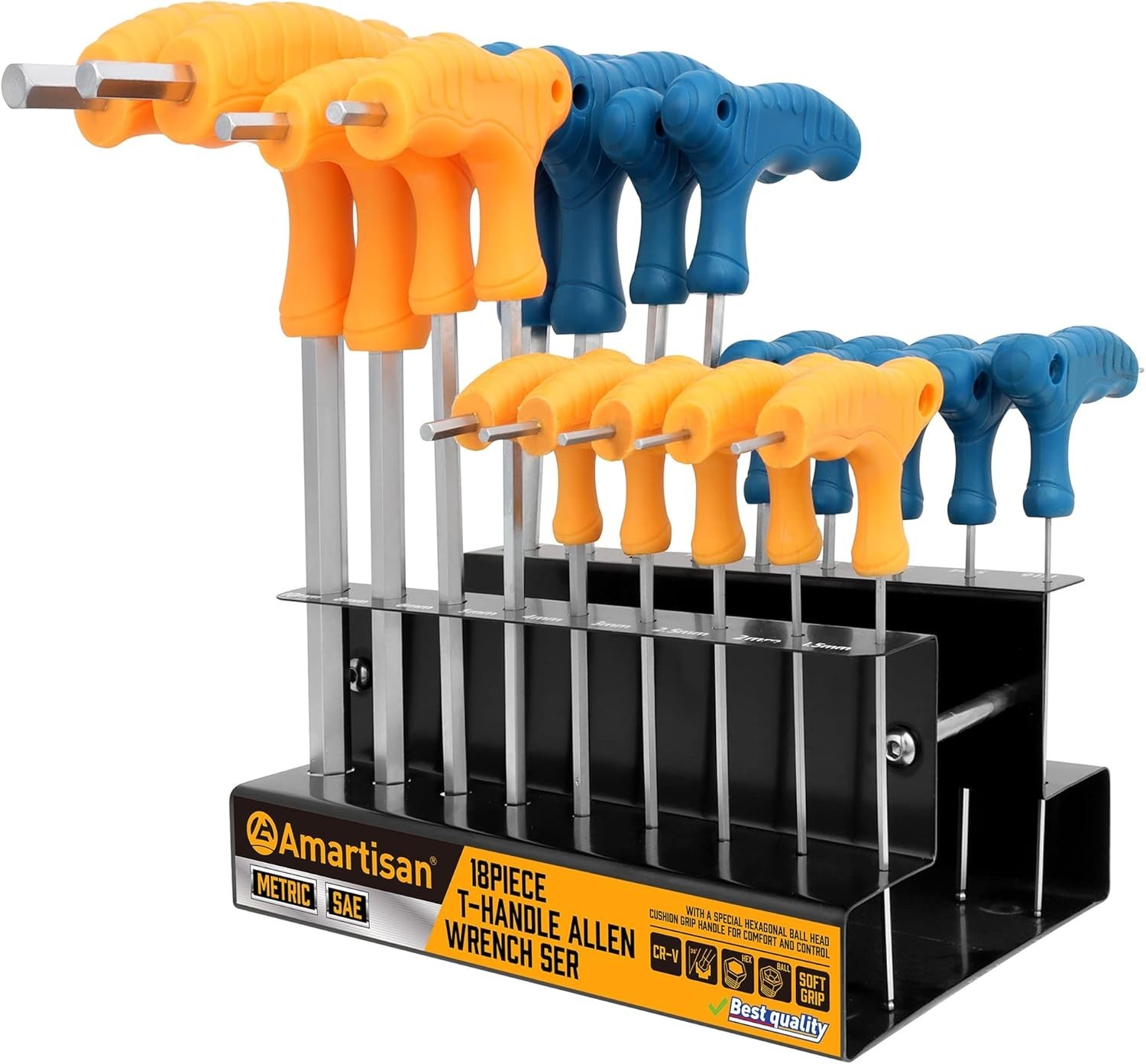 Juego de 18 llaves Allen con mango en T, métricas 1,5 mm-10 mm y SAE 1/16″-3/8″.