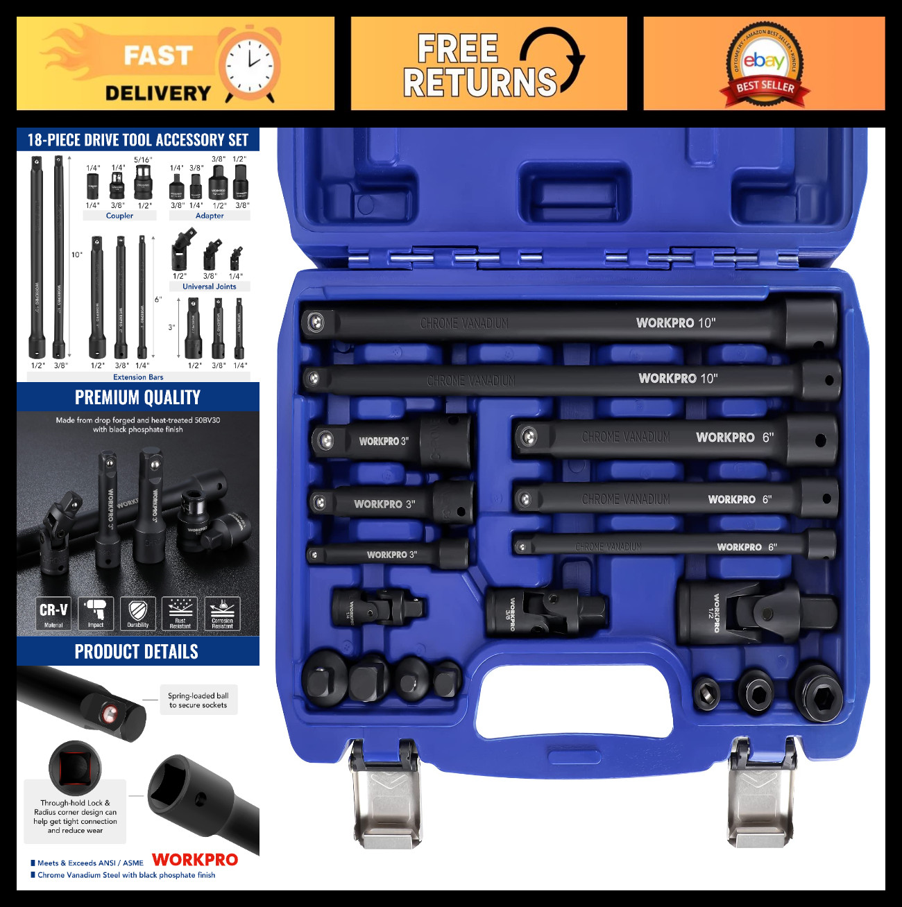 18-Piece Impact Socket Extension Set with Adapters, Ratchet, Swivel Joints & Cou
