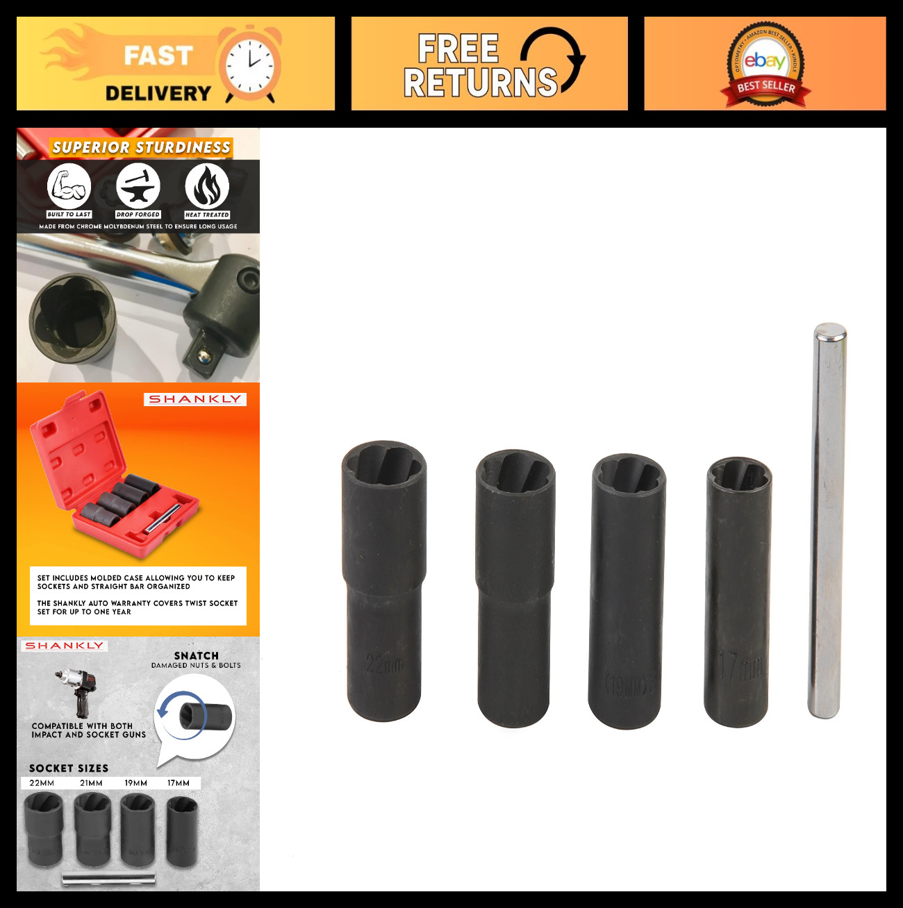 5-Piece Twist Socket Set – 1/2″ Lug Nut Remover, 17mm, 19mm, 21mm, 22mm Sockets