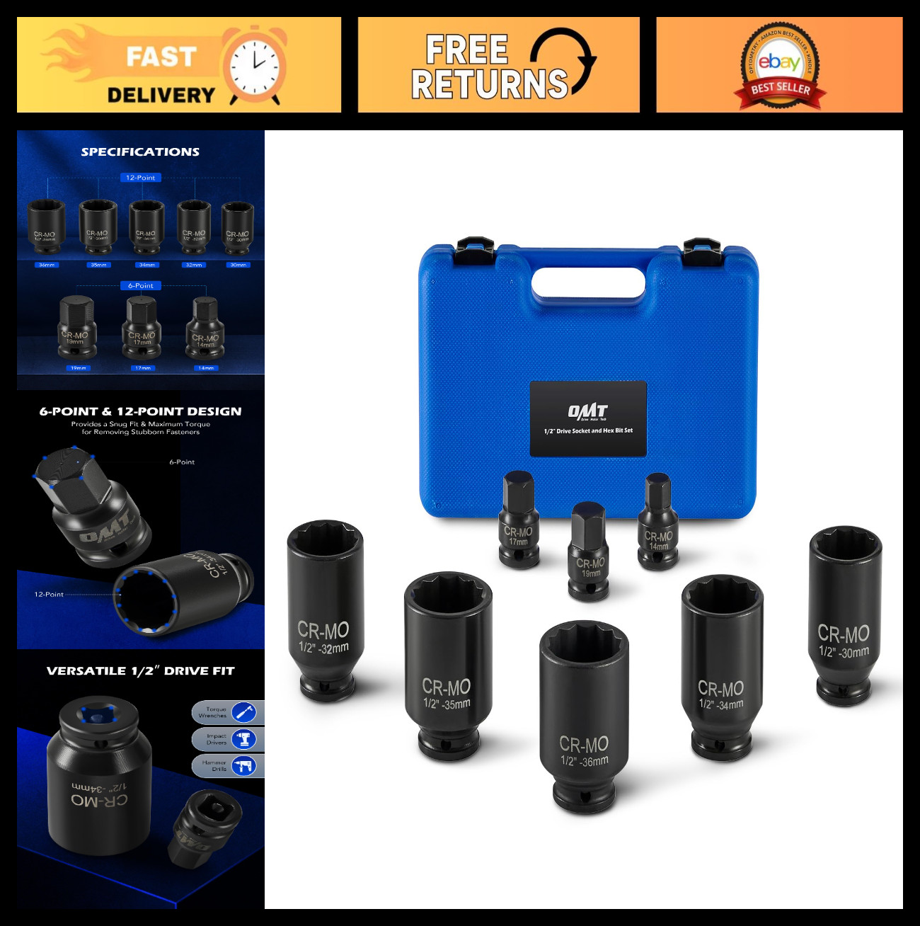 8pc 1/2″ Drive Axle Nut Socket Set – Metric 12 Point Impact Sockets, Extra Deep,