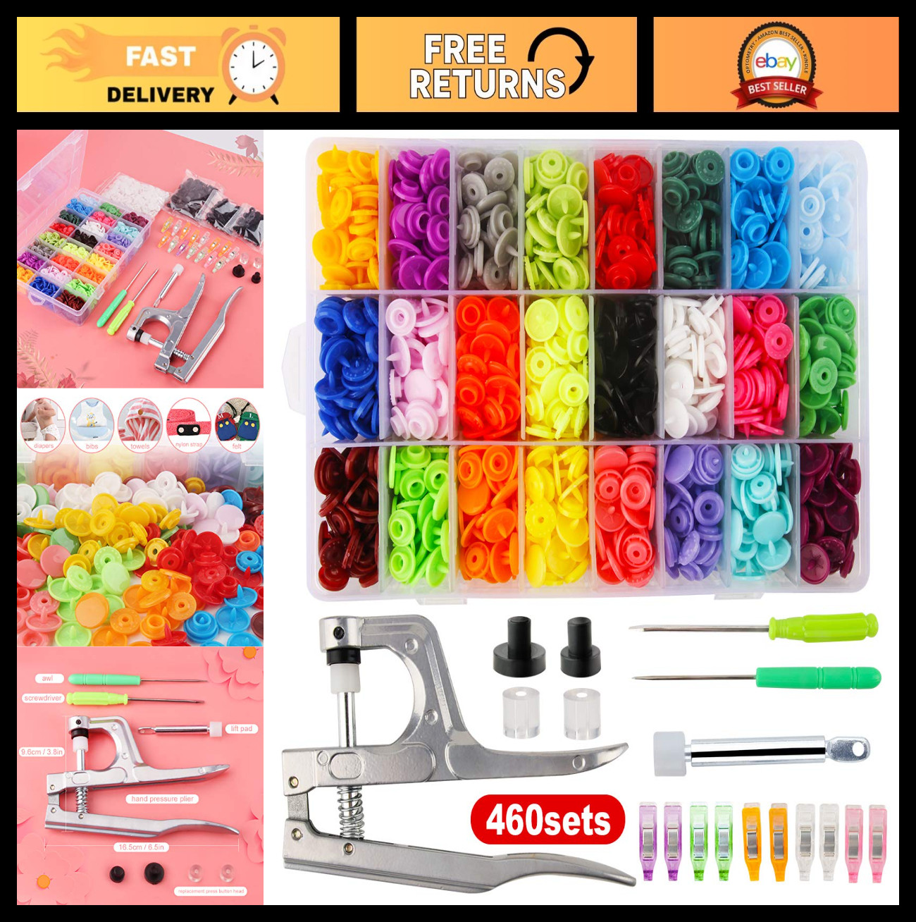 460 Sets 24 Color Snap Plastic Fasteners with Pliers Tool – No Sew Buttons for C