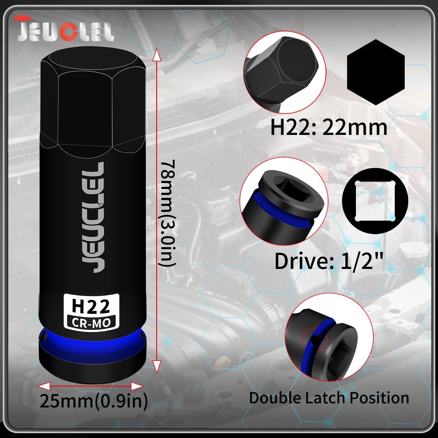 Chrome Molybdenum Steel H22 Hex Impact Socket 1/2-Inch Drive with Pinhole Design