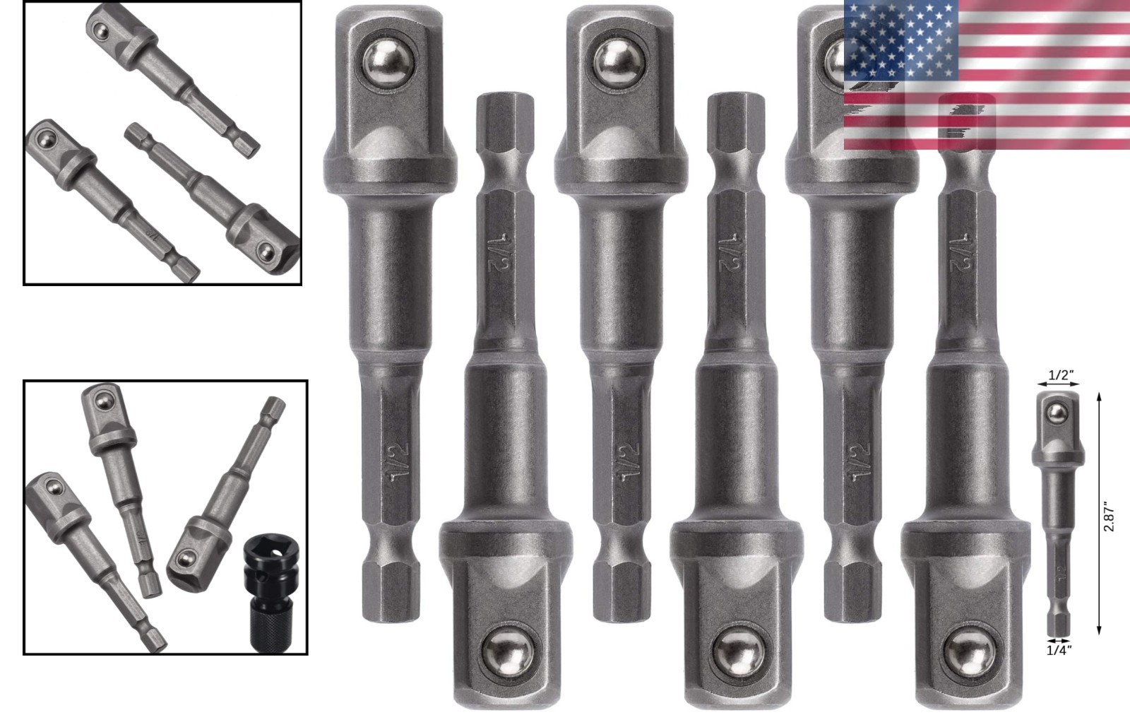6 Pack Impact Driver Socket Adapter Set – 1/2 Inch Square & 1/4 Inch Hex