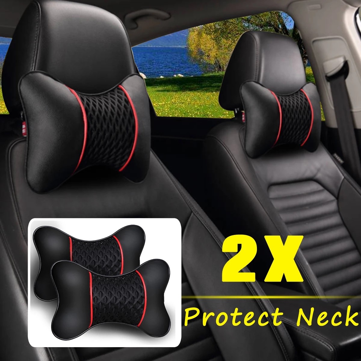 2-Pack PU Leather Car Headrest Cushions Soft Neck Support Pillow