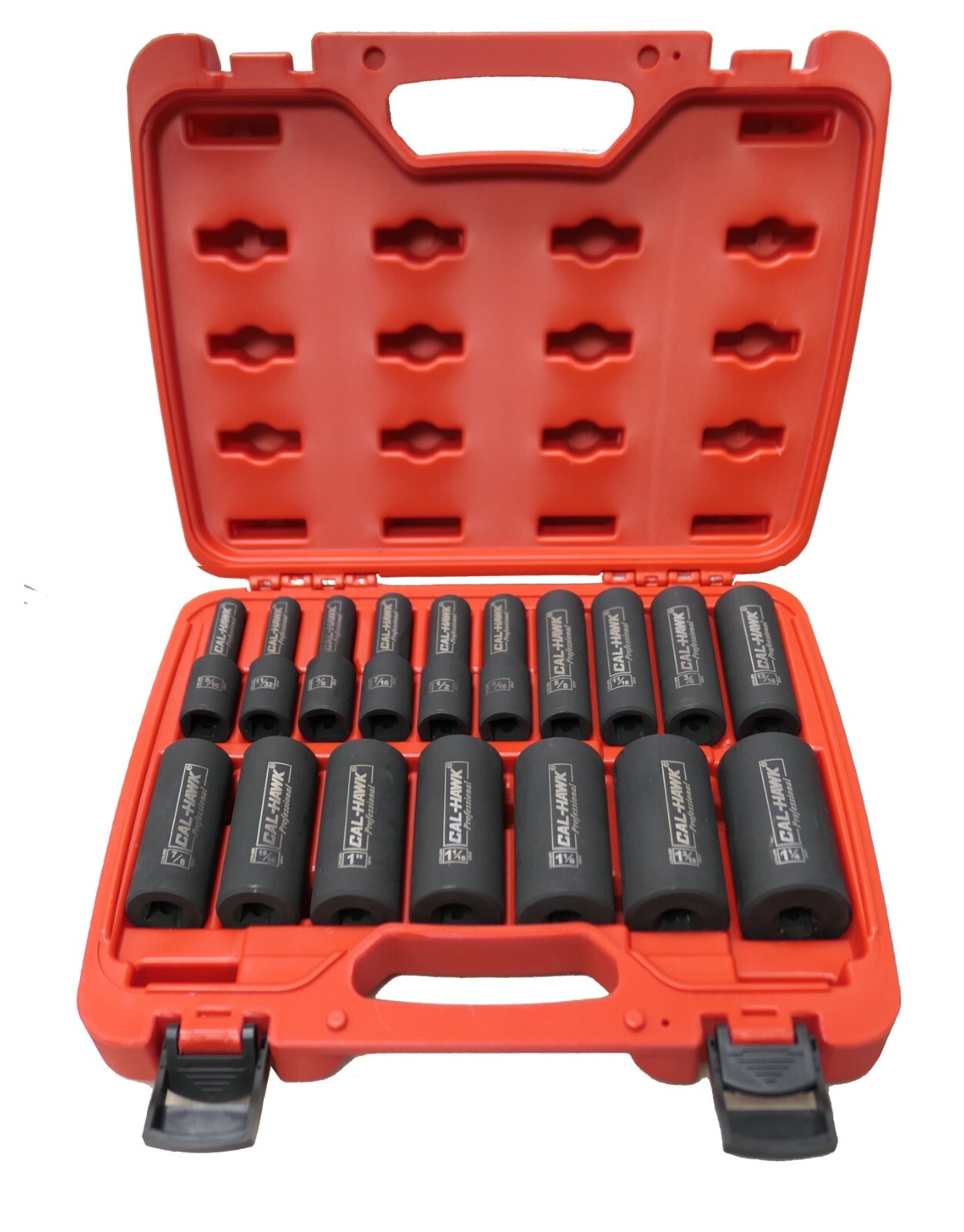 17PC CAL HAWK 1/2″ Dr. 6 POINT SAE Deep Impact Sockets Chrome Vanadium CRV Set