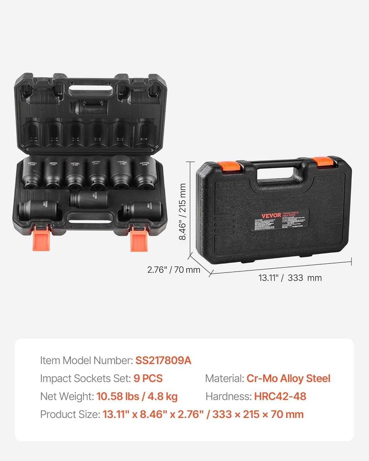 Impact Socket Set 1/2 Inch Drive Metric 29-38mm Durable Chrome Molybdenum