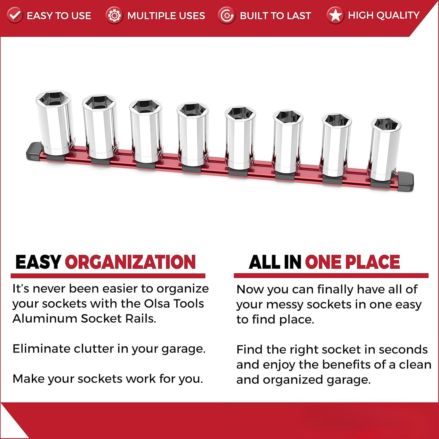 Socket Organizer – 3/4-Inch Drive – Red Rail Holder for Impact Sockets