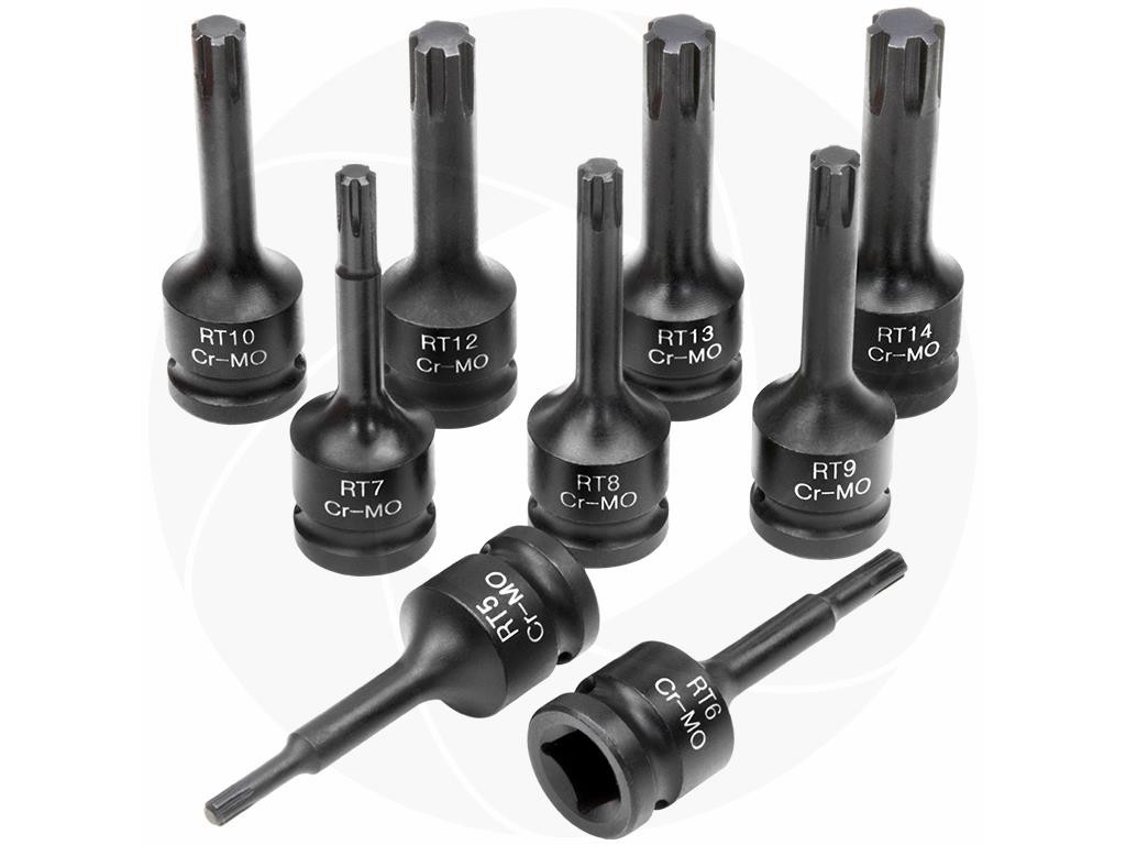 9pcs 1/2inch Drive Long RT5-RT14 Ribe Cr-Mo Impact Wrench Sockets Bits Set
