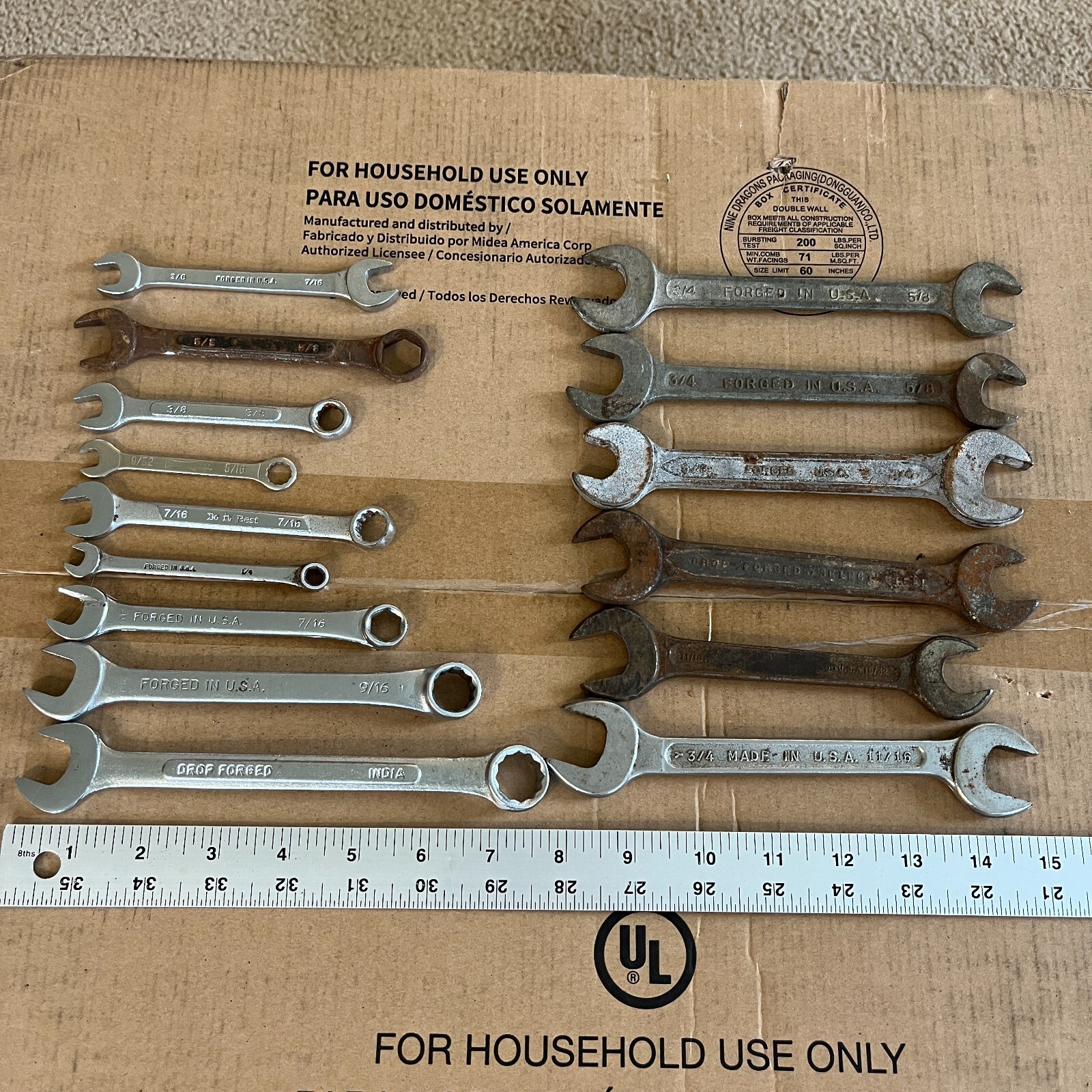 15 Combination Wrenches SAE Hand Tools Forged Steel – Lot of 15 Vintage